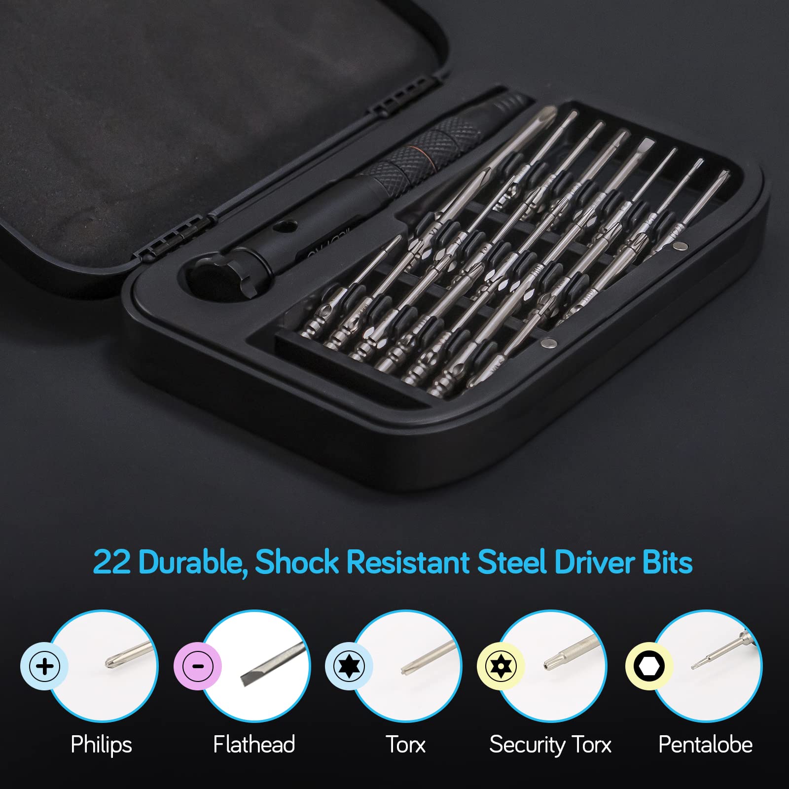 Jeu de tournevis de précision,Kit d'outils avec embouts de tournevis magnétiques et outils à main pour réparation de téléphone, tablette, Hex, Tri et Pentalobe (23 pièces)