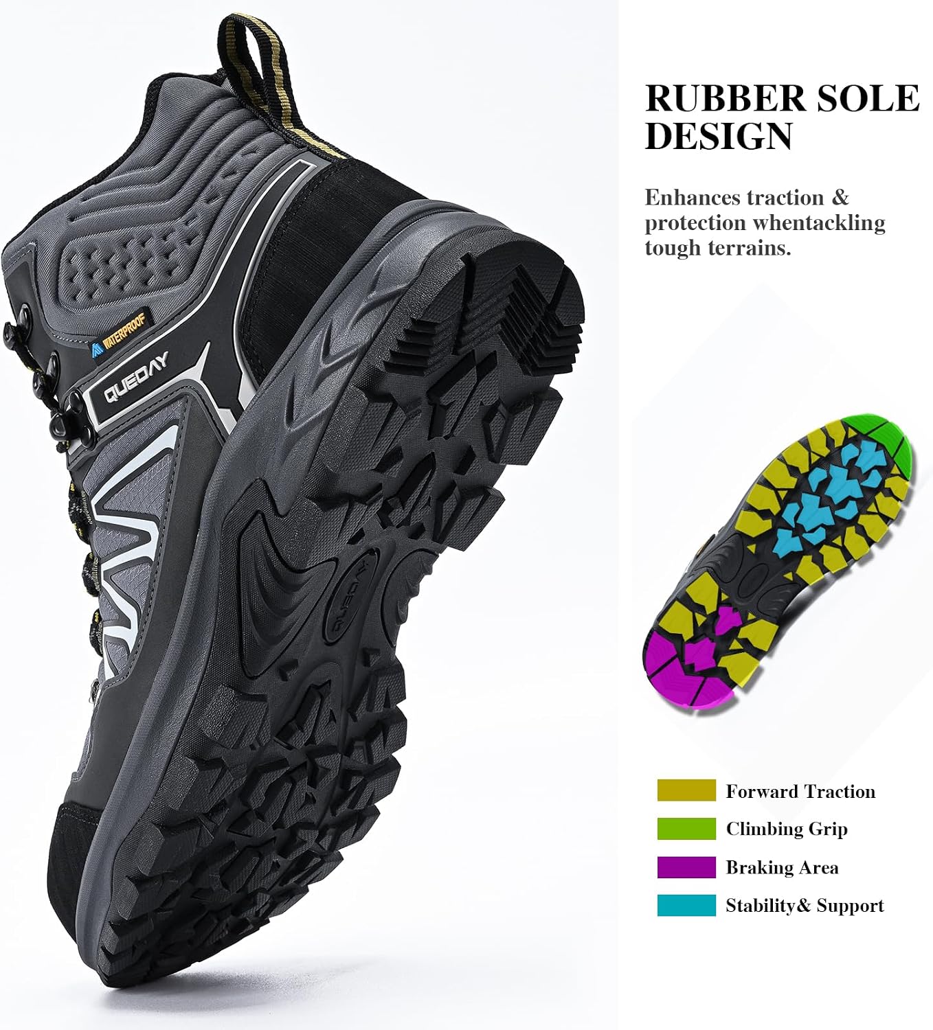 Queday Waterproof Hiking Boots Mens Lightweight Walking Shoes Daily Hike Trekking Trail Outdoor Camping Climbing