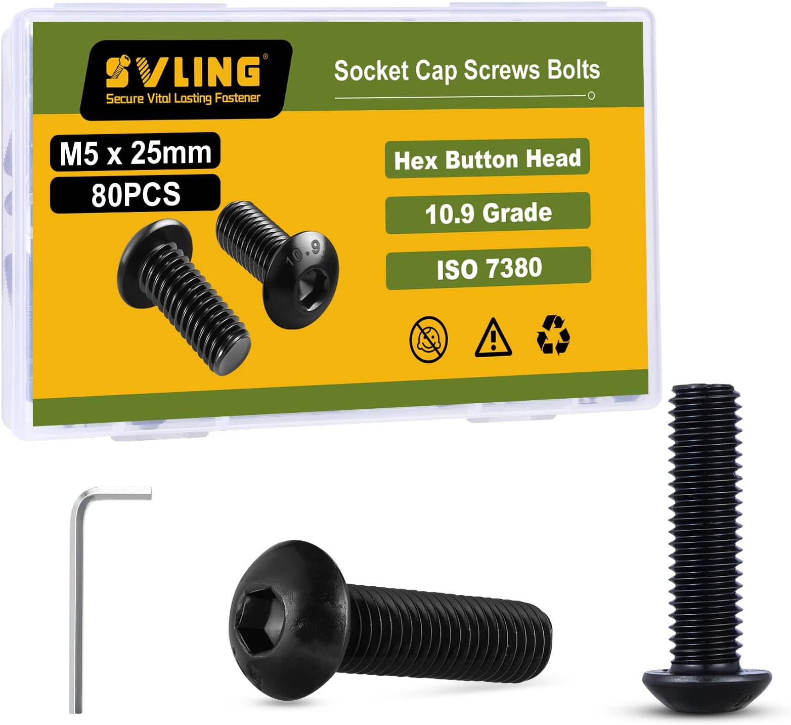 - M5 x 25mm 80PCS Button Head Hex Socket Cap Screws Bolts, 10.9 Grade Alloy Steel, Allen Hex Drive, Full Thread, Black Oxide, with Hex Spanner