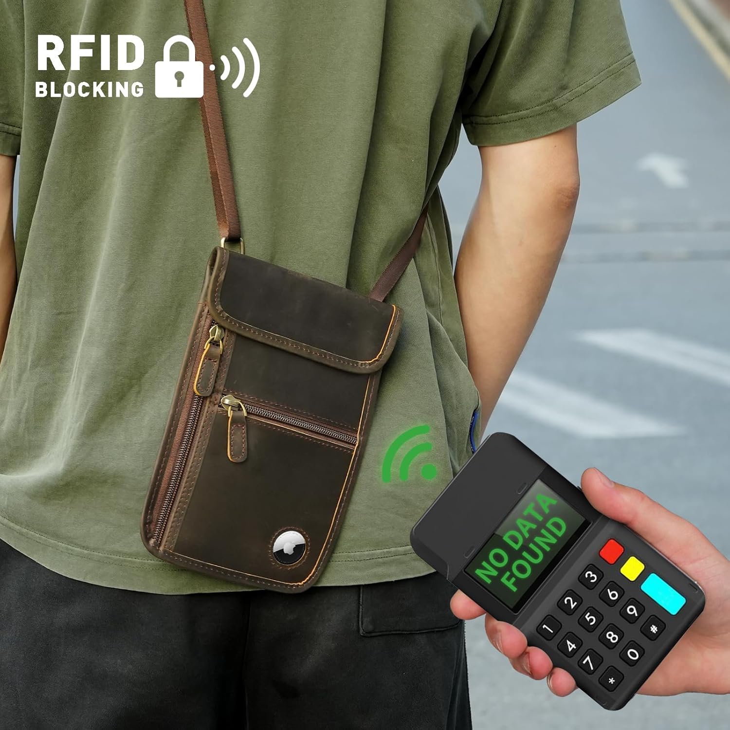 Polare Full Grain Leather Neck Wallet RFID Blocking Conceal Passport Holder Travel Pouch with AirTag Slot for Men