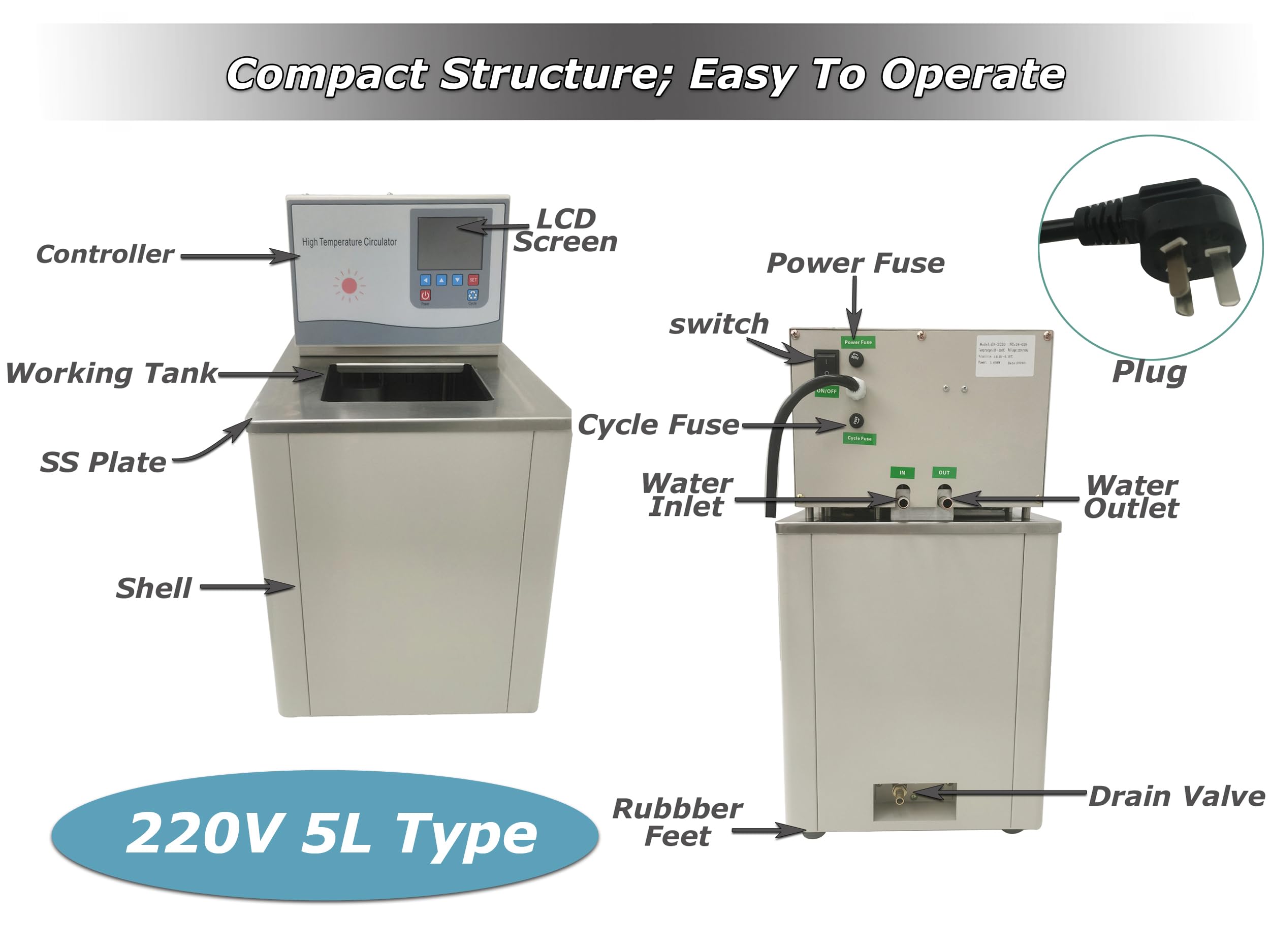 INTSUPERMSAI 220V 5L Laboratory Heating Circulator Thermostatic Circulating Bath Water Bath Recirculating with LCD Display Max 300? 1700W