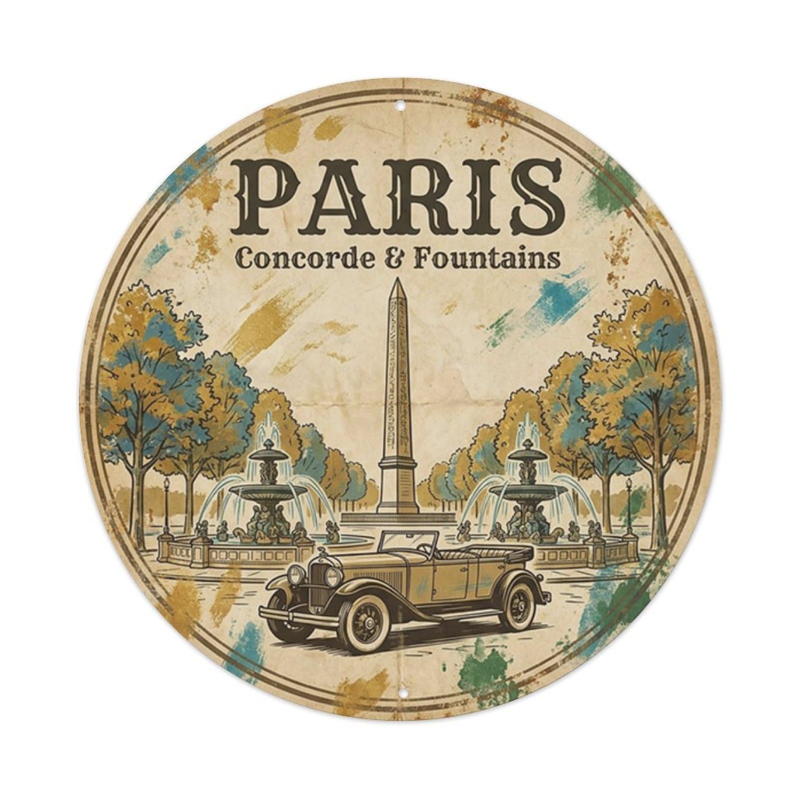 Olhnbad Style Paris Concorde Fountains Route Travel Retro Metal Tin Sign