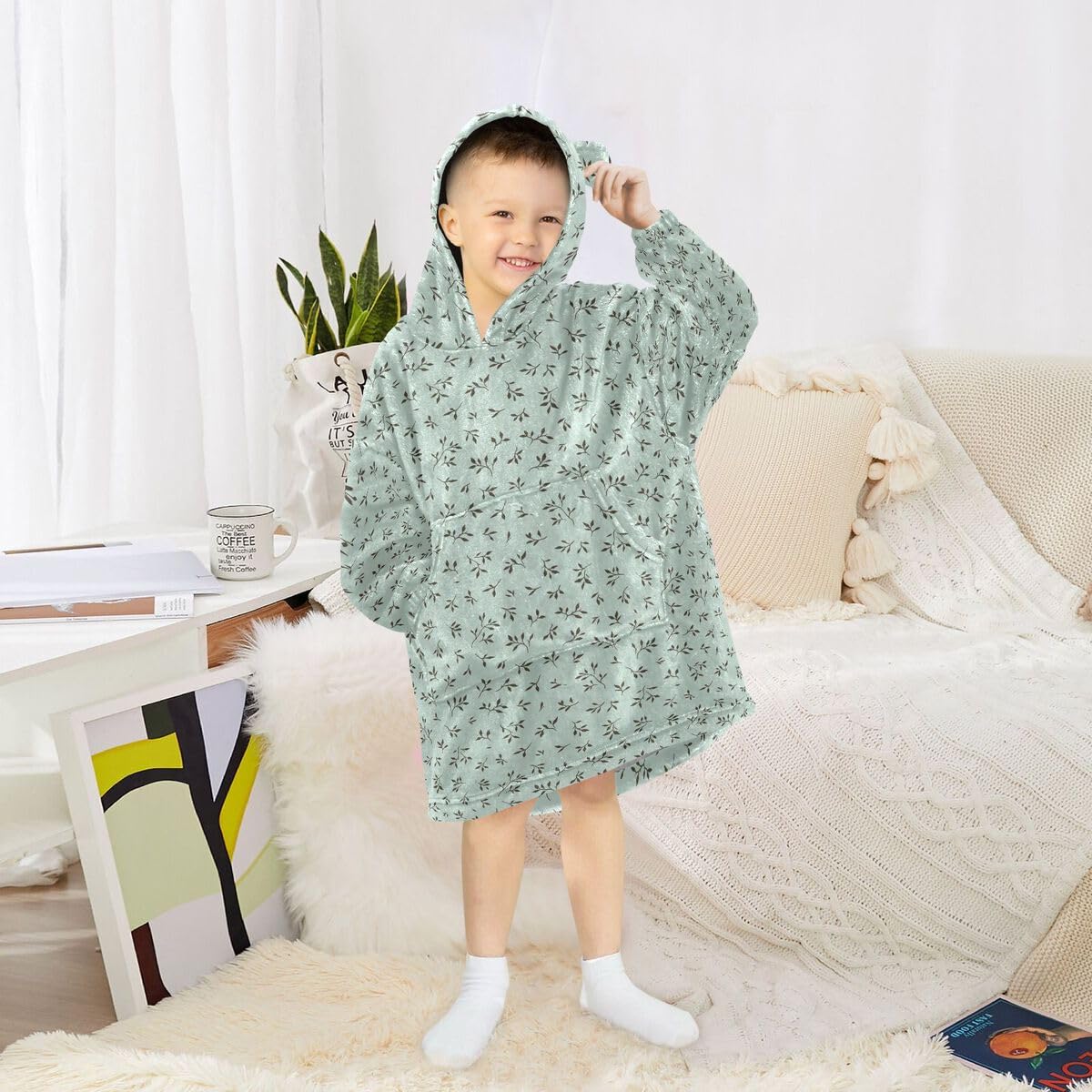 Uroczy kwiatowy Lleaves dziecięcy koc do noszenia z kapturem oversize bluza koc sweter zielony dla chłopców i dziewcząt w wieku 3-14 lat, multi, 150-170