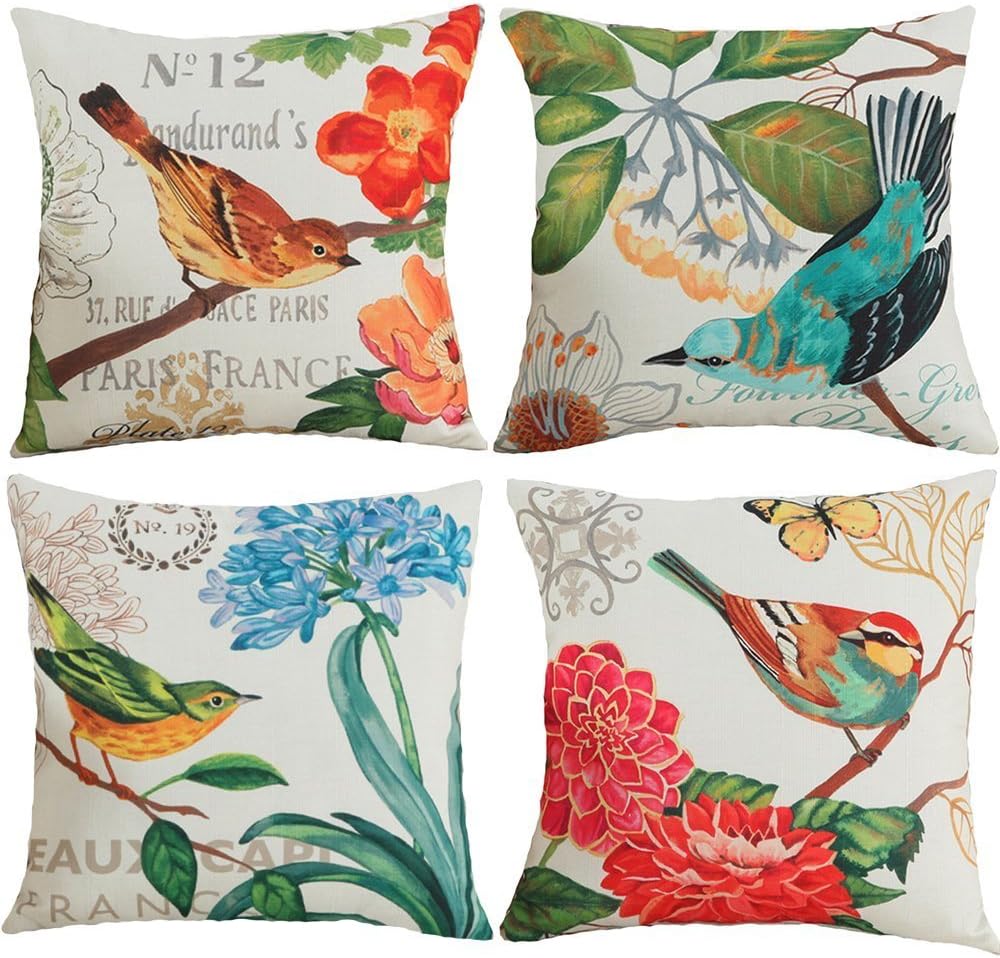 Amazon Co Jp クッションカバー 4枚セット 45 45cm 枕カバー おしゃれ 北欧 可愛い 花柄 綿麻製 部屋雑貨 ソファー 車用 インテリア 飾り 抱き枕カバー 鳥柄 自然の風景 ホーム キッチン