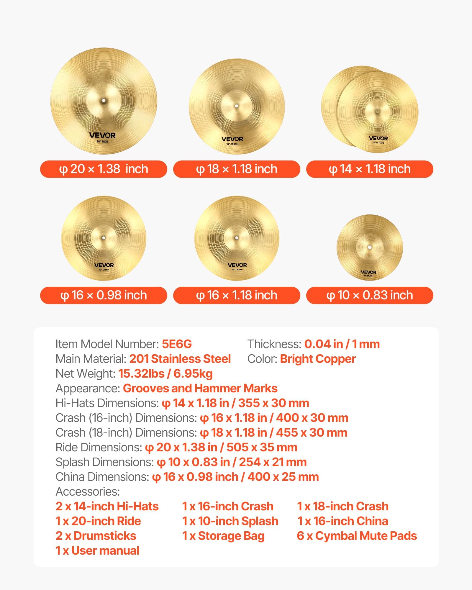 VEVOR Cymbal Pack, 7 Pieces Cymbals for Drum Set, Alloy Cymbals Drum Set Includes 14" Hi-Hats, 16" Crash, 18" Crash, 20" Ride, 10" Splash, 16" China, Drumsticks & Cymbal Bag