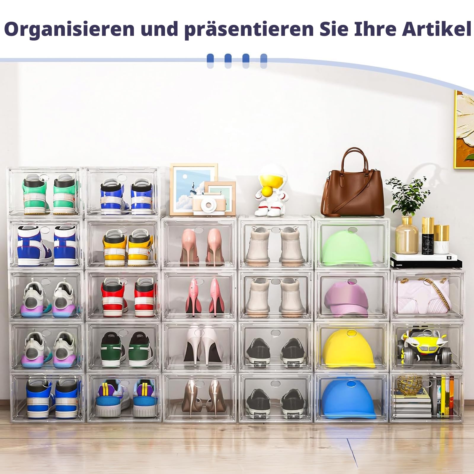 TidyTrove Schuhboxen stapelbar, 9 Stück Schuhboxen aus klarem Kunststoff, faltbar und stapelbar Schuhorganisatoren mit Magnettür für Größe 46, Weiß