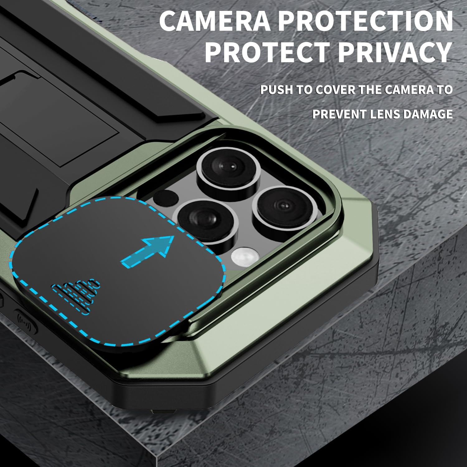 FW Compatible with iPhone 16 Pro Metal Case with Slide Camera Cover Built in Screen Protector Full Body Hybrid Case Kickstand Military Heavy Duty Armor Silicone Rugged Case for Man Woman (Green)
