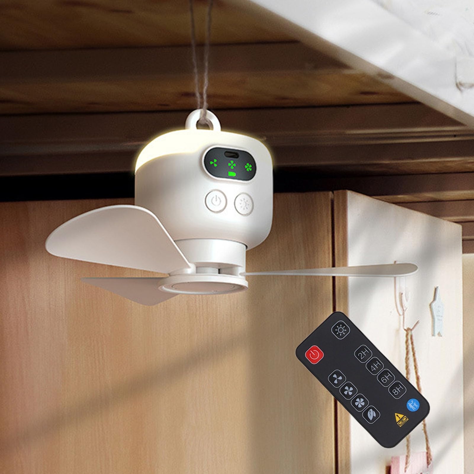 Deckenventilator mit 8000-mAh- und Fernbedienung, USB-wiederaufladbarer Hängeventilator für Zelte, Camping und Wohnmobile, 3 Geschwindigkeitsstufen, Leiser Bürstenloser Motor,