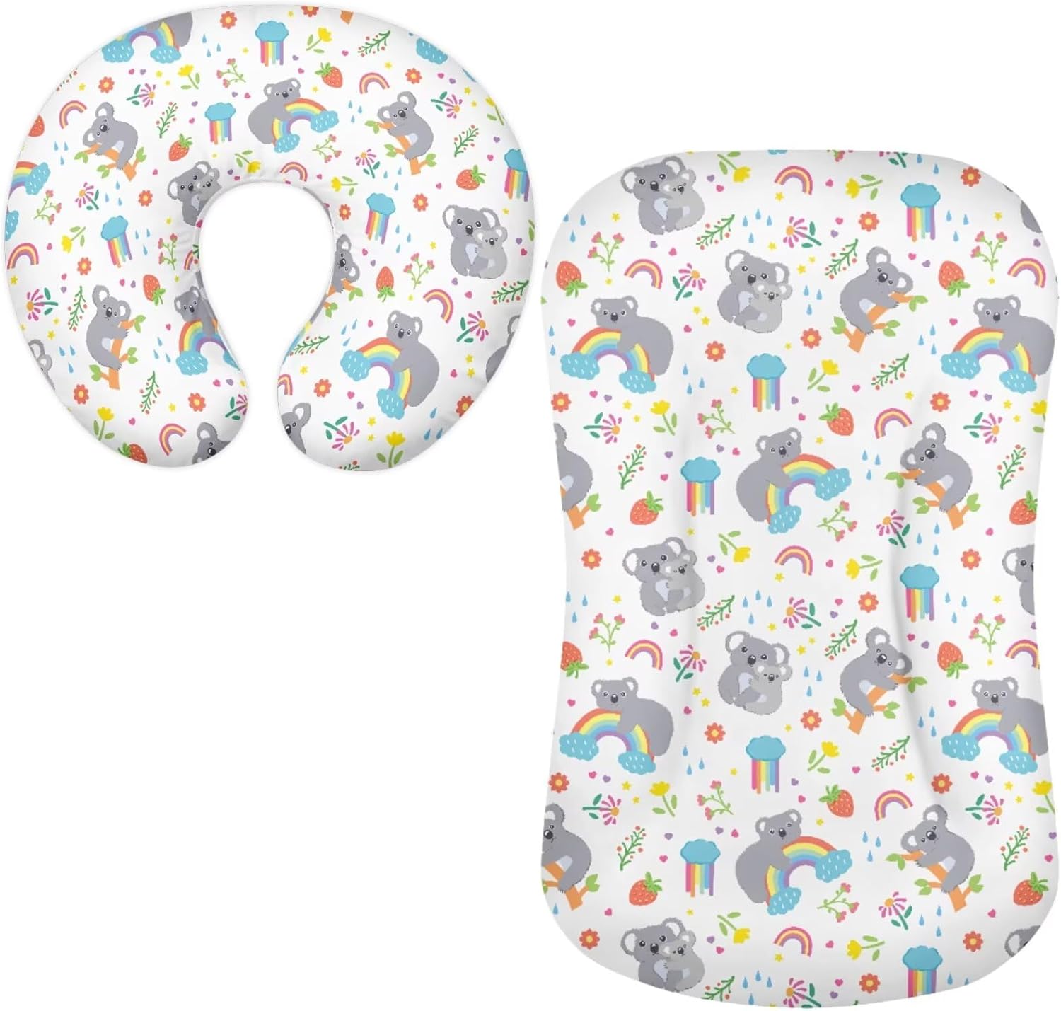 Rainbows Koalas Newborn Lounger Cover for 0-12 Months Fitted Baby Bassinet Sheets Set Flowers Breastfeeding Pillow Cover Cute Newborn Nursing Pillow Case 2PCS