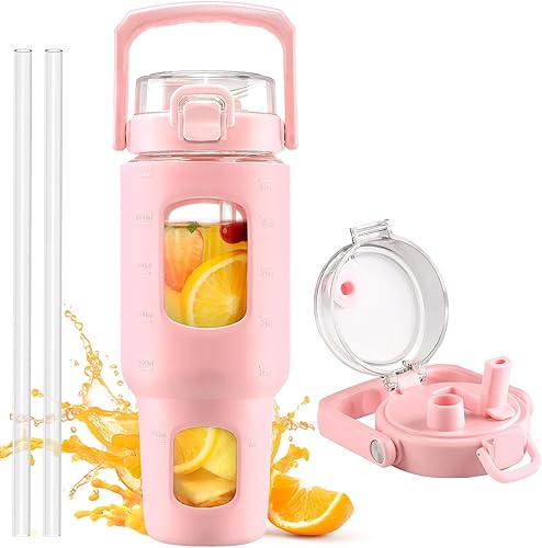 Miniatura 1 de BLUEGO Botella de agua de vidrio de 40 onzas, botella con popote y tapa, vaso de vidrio con marcador de tiempo y agua, taza de café helado con funda