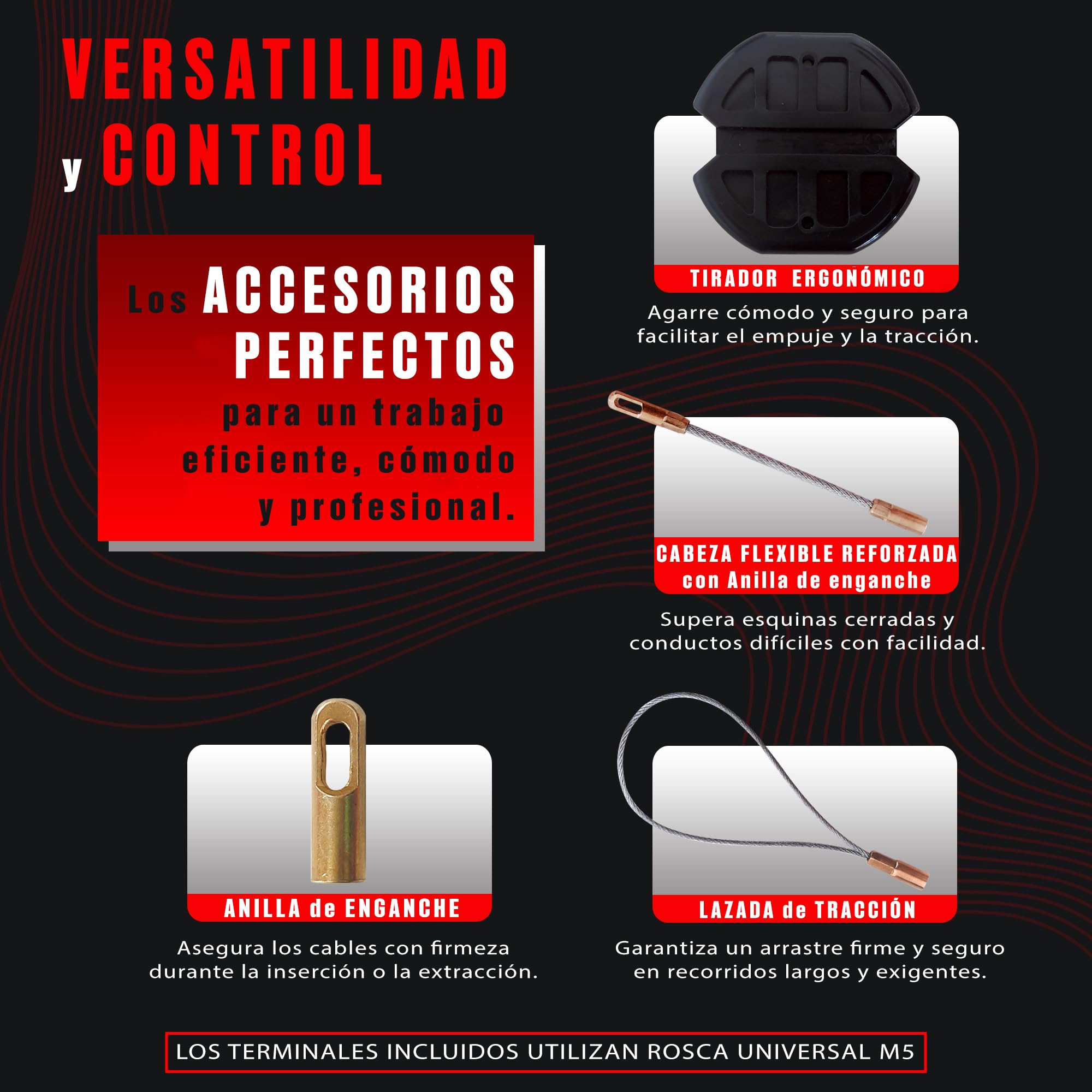 Guía Pasacables Profesional de 30m y 4.5 mm | Monofilamento Trenzado de Poliéster | Tirador Ergonómico y 3 Terminales Intercambiables | Herramienta para Electricistas y Bricolaje