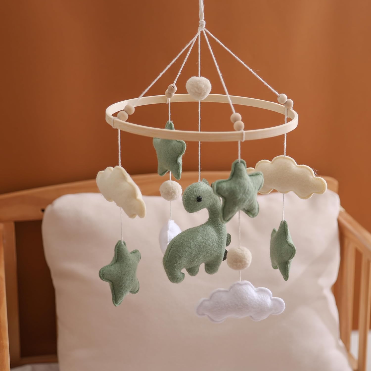 Baby Mobile for Crib – Handmade Dinosaur Baby Crib Mobile with Clouds & Stars, Nursery Mobiles Felt Hanging Toy with Beech Wood Ring, Mobile for Crib Neutral Baby Mobile for Bassinet Decor
