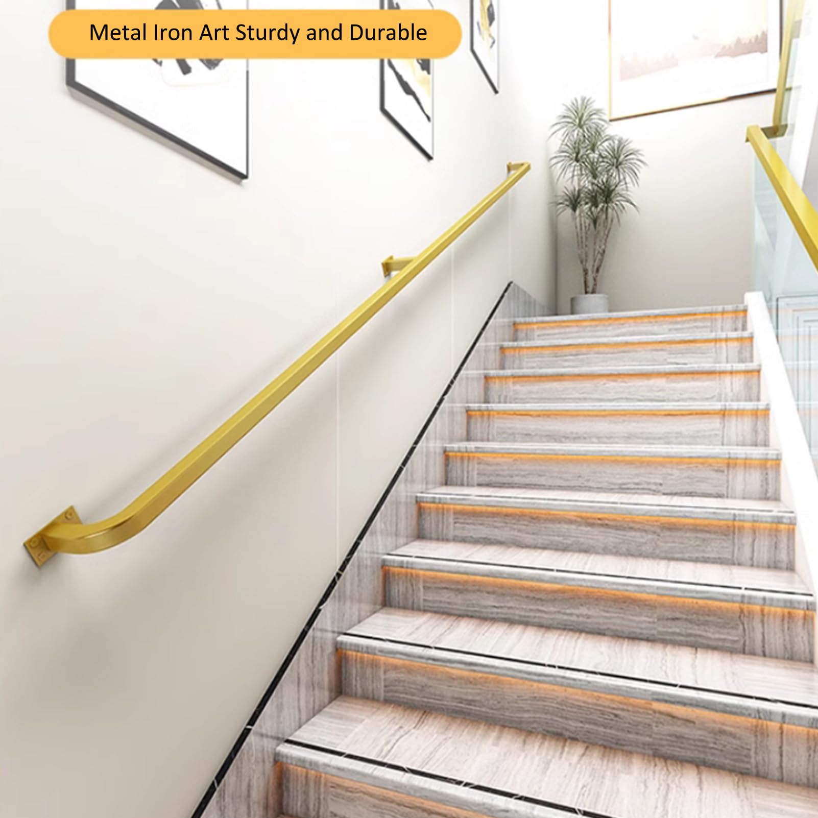 Schwarz Handlauf Innen Außen Handläufe für Treppen Treppenhandlauf für ältere Kinder Geländer Schmiedeeisen Treppengeländer Rutschfestes Sicherheitsgeländer mit Zubehör (80CM,Gold)