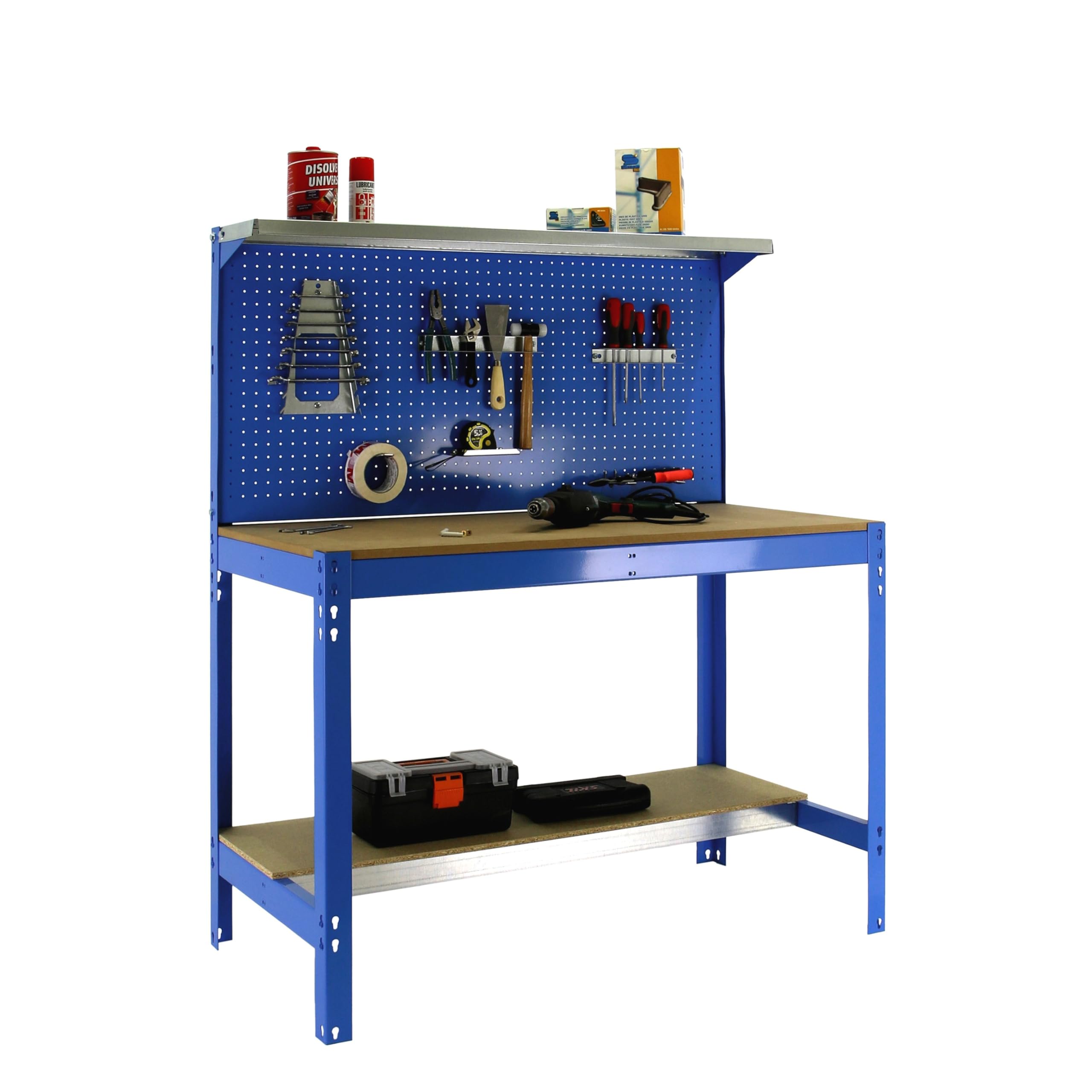 SimonRack Etabli d’Atelier, Capacité de Charge 600 kg, 1445x1210x610 mm, Panneau Perforé avec 1 Étagère, Table de Travail Bricolage, Bleu/Bois - BT3