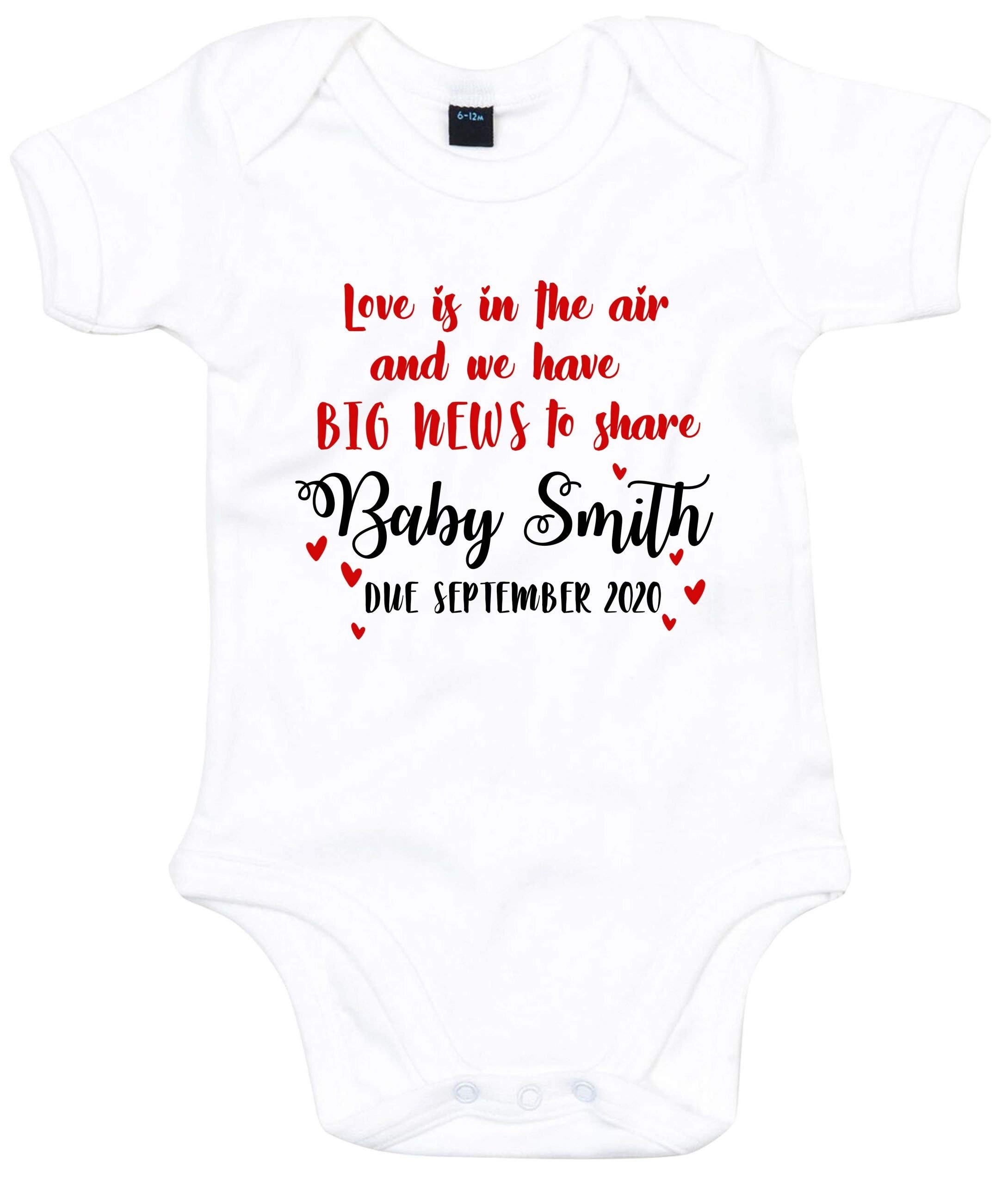 FunkyShirtLove is The Air Big News Custom Name Due Date Baby Grow- Outfit Newborn Baby Baby Girl Baby Boy New Mum to Be Valentines Day Announcement Little Baby