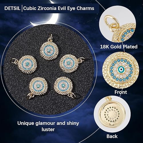 Miniatura 14 de Beebeecraft 5Pcs/Box Evil Eye Charms 18K Gold Plated Brass Flat Round with Blue Cubic Zirconia Turkish Evil Eye Pendants Jewelry Making Findings for