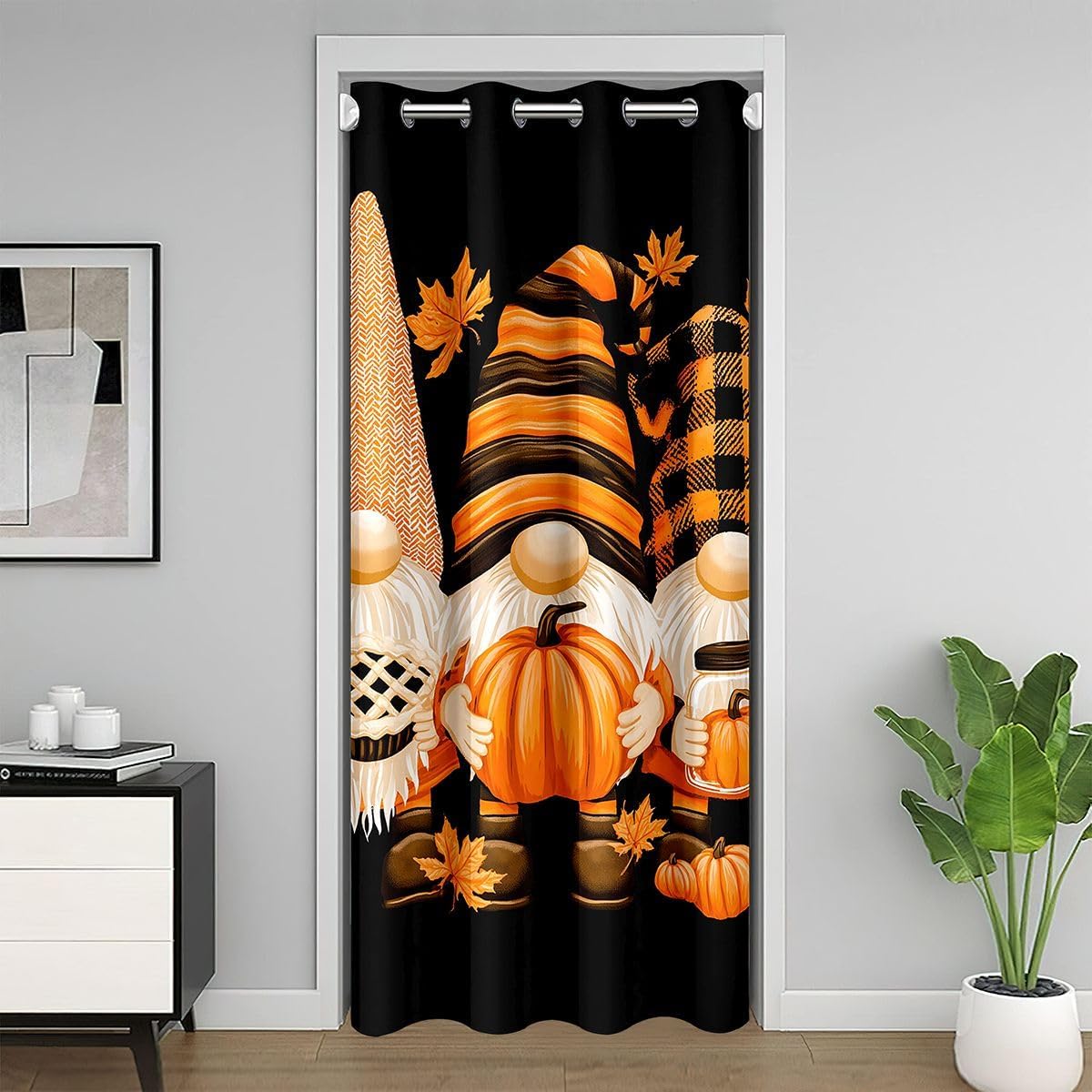 Castle Fairy Fall Gnome Door Curtain for Doorway Privacy Cute Thanksgiving Gnome Pumpkin Pie Sliding Closet Door Curtains Farmhouse Privacy Curtains Cover for Room Divider,W42 X L80 Black Orange