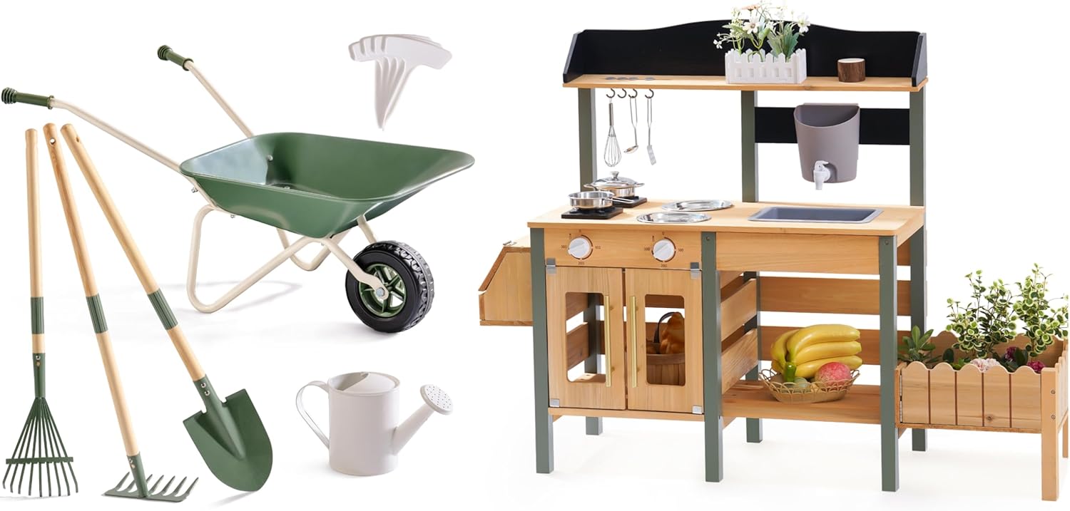 ROBOTIME Mud Kitchen with Kids Wheelbarrow, Gardening Tool Sets, Toddler Outdoor Play Toy, Toddler Play Kitchen with Removable Sink & Faucet, Pretend Outdoor Playset for Garden Fun, Green