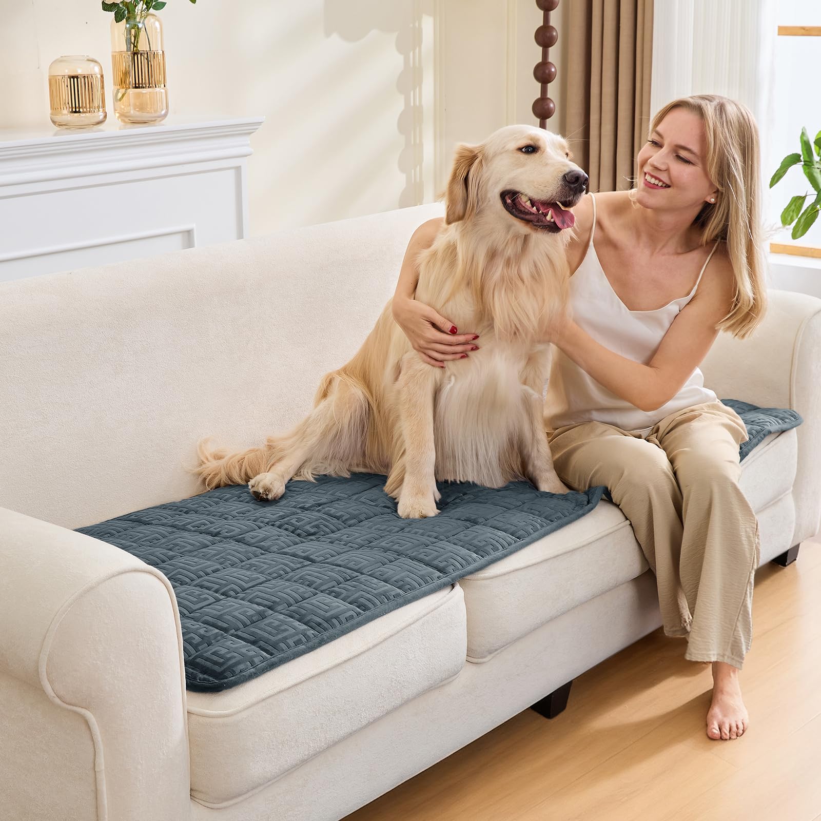 SYLC Sofa Cover Grey Blue Velvet Quilting,Thick Sofa Cover 2 Seater Corner L Shape Settee Non Slip Seat Cushion Covers Protector for Living Room Caravan (Grey Blue,90×160cm / 1 Piece)