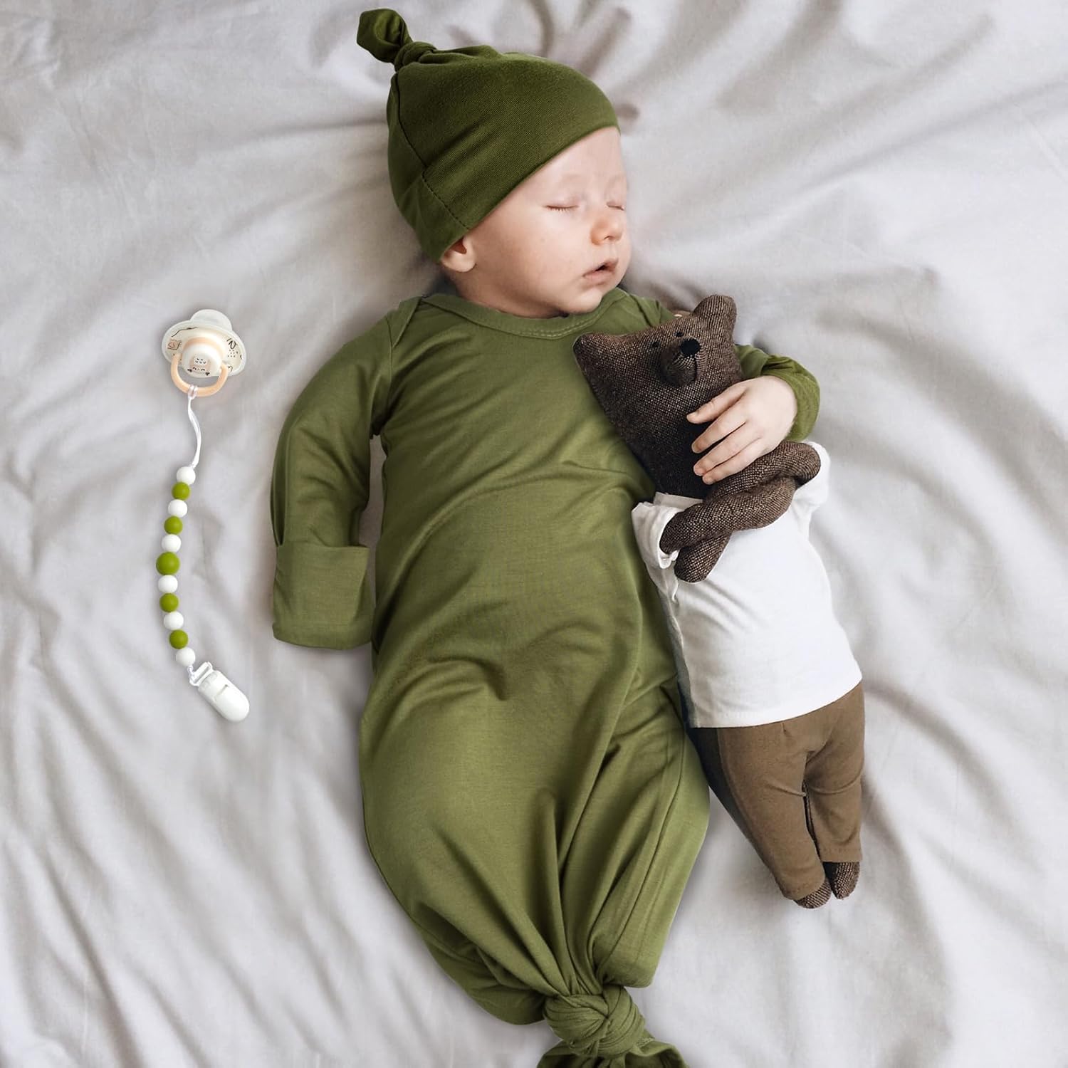 Extra Long Newborn Baby Knotted Gown, Super Soft Silky Coming Home Outfit with Mittens & Hat, Baby Sleepers for Girls & Boys 0~3 Months, Newborn Photoshoot Outfits - Image 3