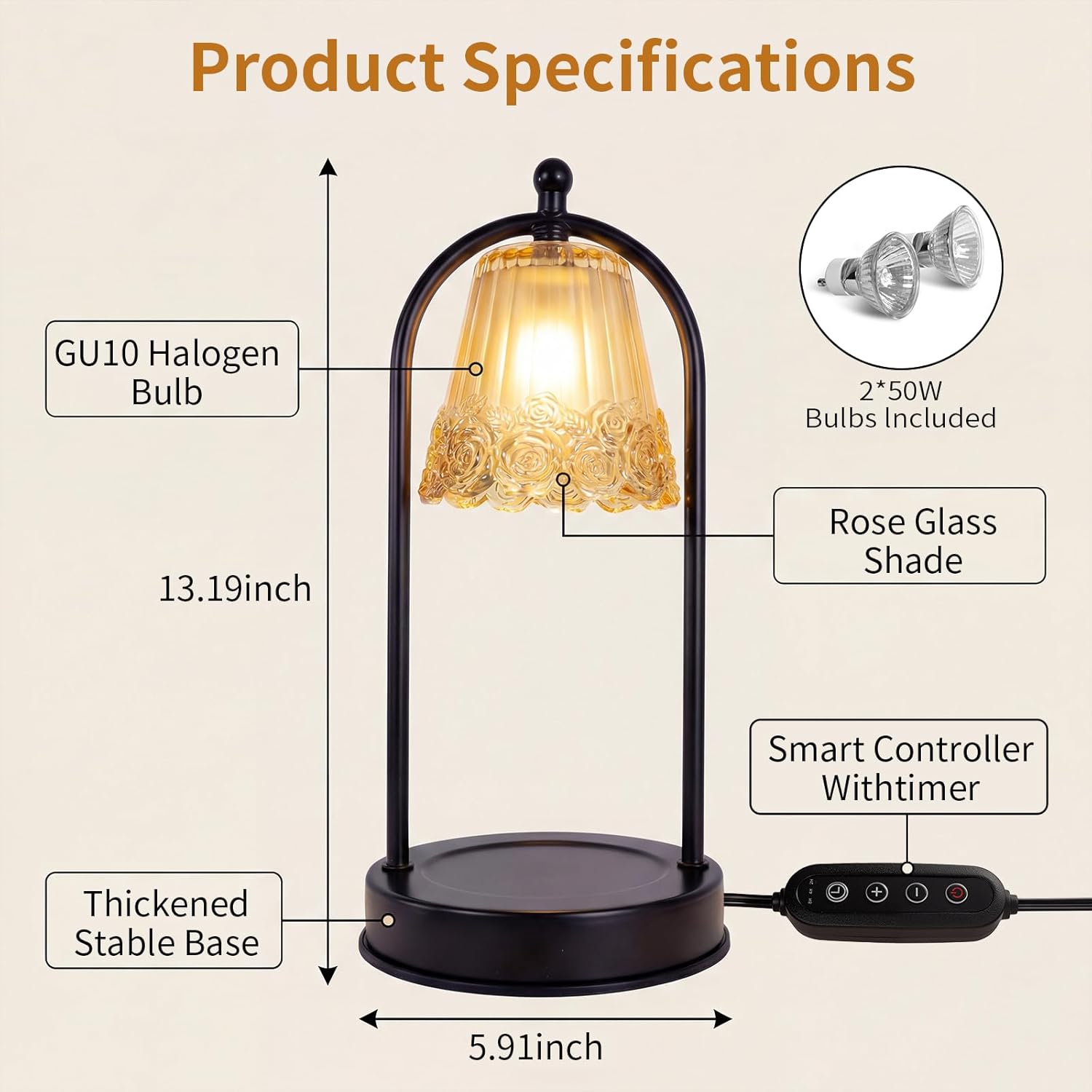 Vintage Rose Candle Warmer Lamp with Timer & Dimmer - Portable Iron Base, Amber Glass Shade, 2 Bulbs Included - Electric Wax Melter for Home Decor (Rose)