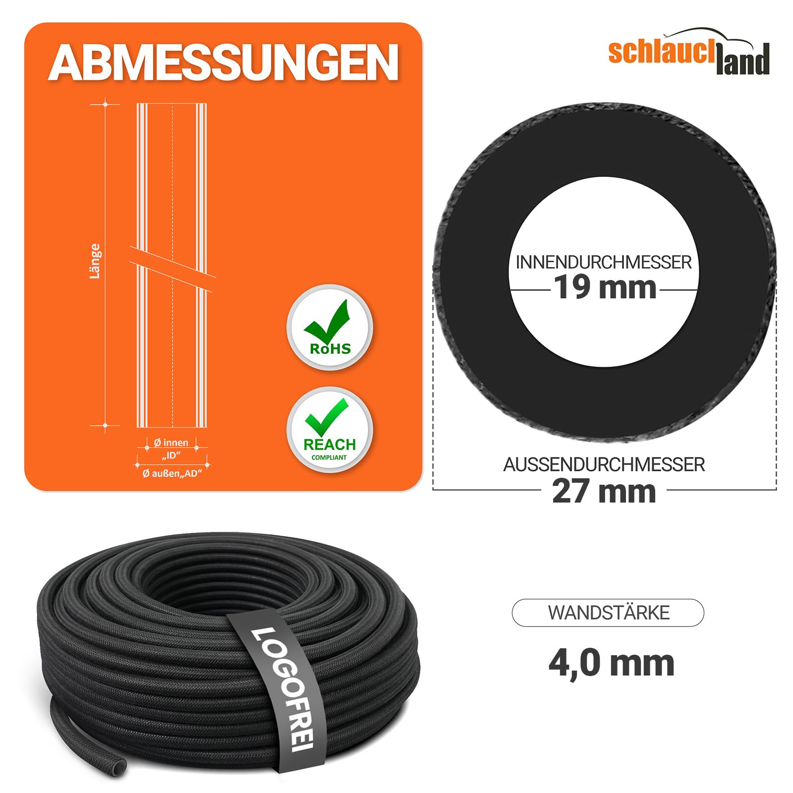 10m EPDM KÜHLMITTEL-SCHLAUCH C-TEX Ø 19 x 26 mm Kühler Schlauch 130°C | VIELE GRÖSSEN & LÄNGEN | Textil Gewebe-verstärkt Unterdruck Gummi-Schlauch Heisswasser Bremsflüssigkeit Kühlwasser DIN 73472