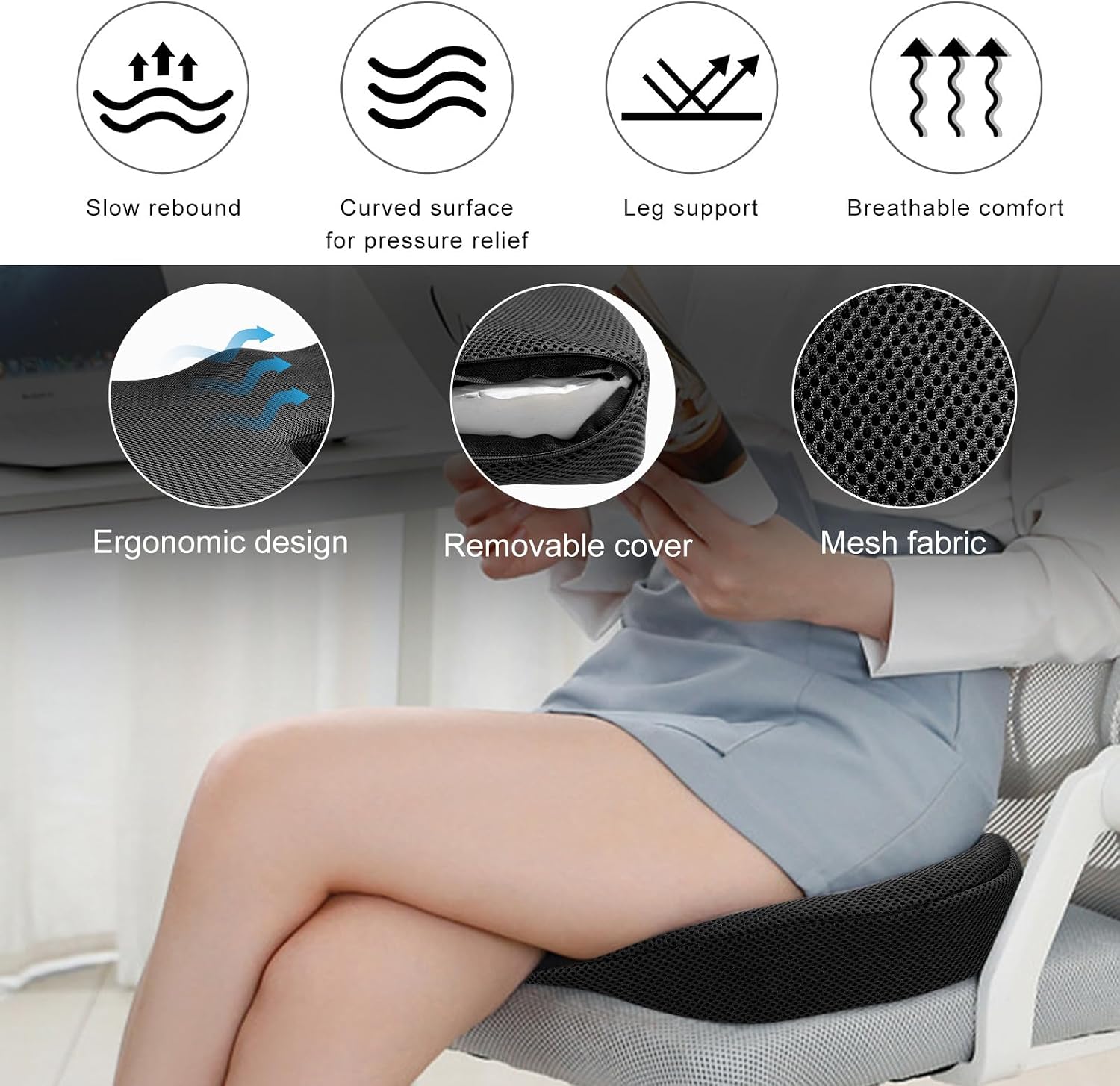 Car Seat Cushion, Memory Foam Cushion for Tailbone Pain & Sciatica Relief, Ergonomic Seat Cushion Comfortable Chair Relief Pillow for Car Office Wheelchair, car Accessories (Black, Mesh) image 4