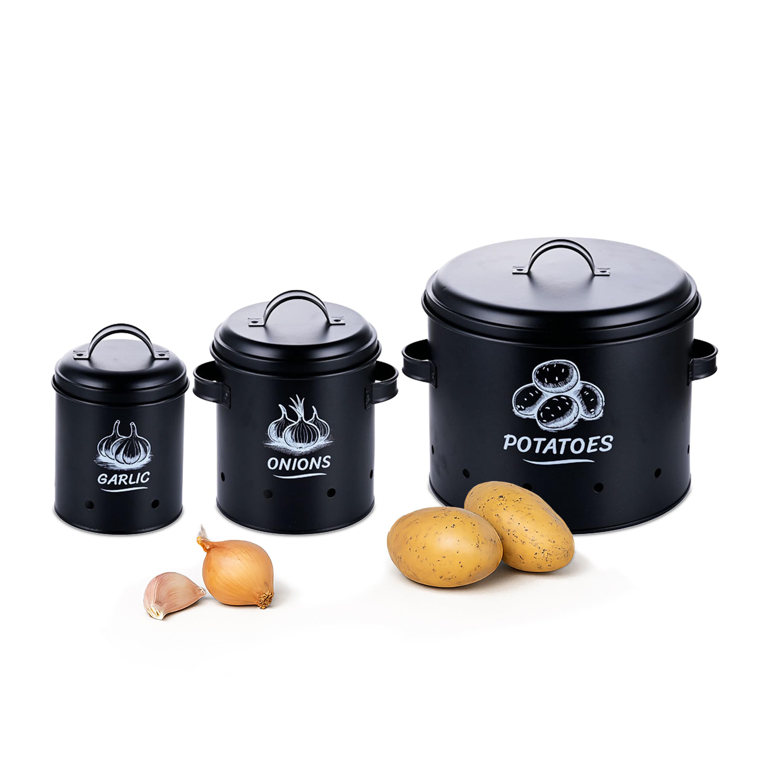 Relaxdays Potato Storage Box, Onions, Garlic, Set of 3, with Lid & Holes, Metal, Onion Pot, Black