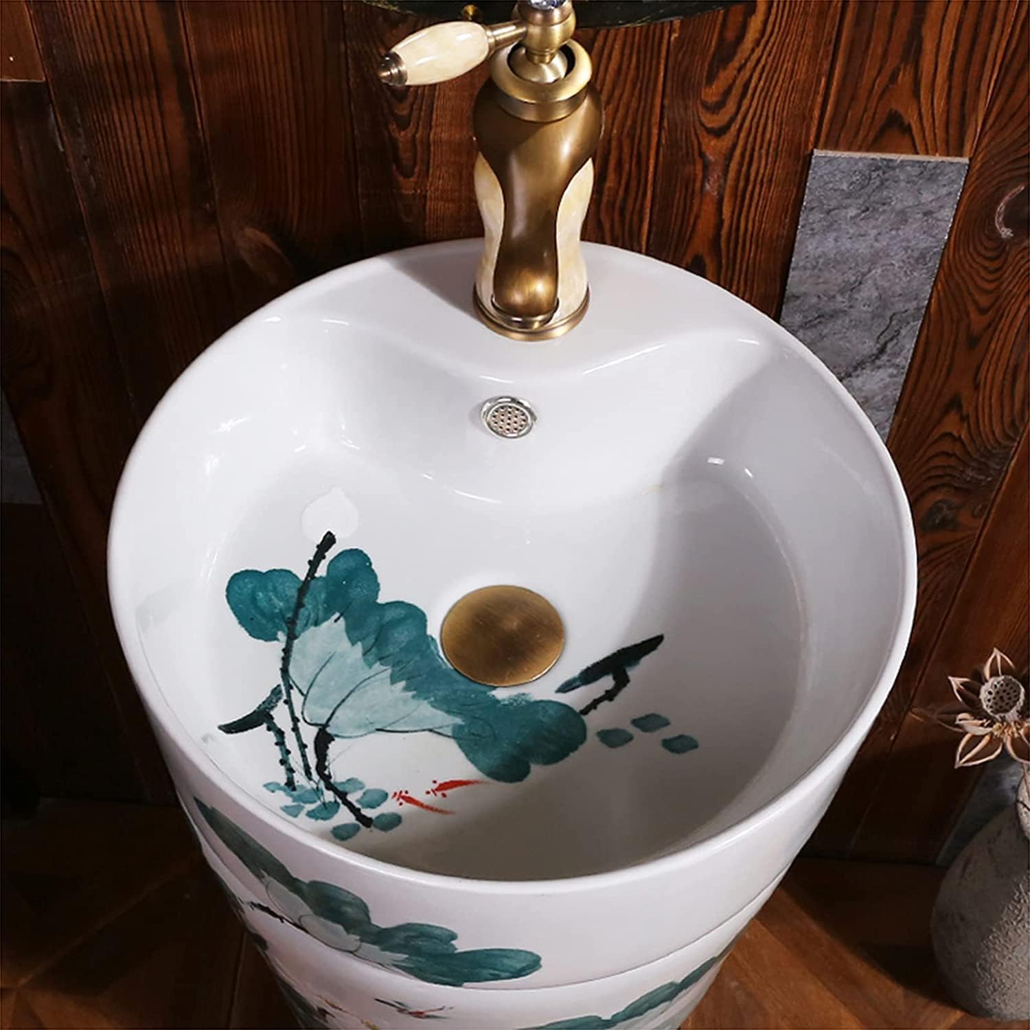 Freestanding Pedestal Sink Hotel Art Basin, Small Apartment Sink, Bathroom Toilets Basins Handmade with Drain Installation Hole, for Indoor and Outdoor (Color : White, Siz (White