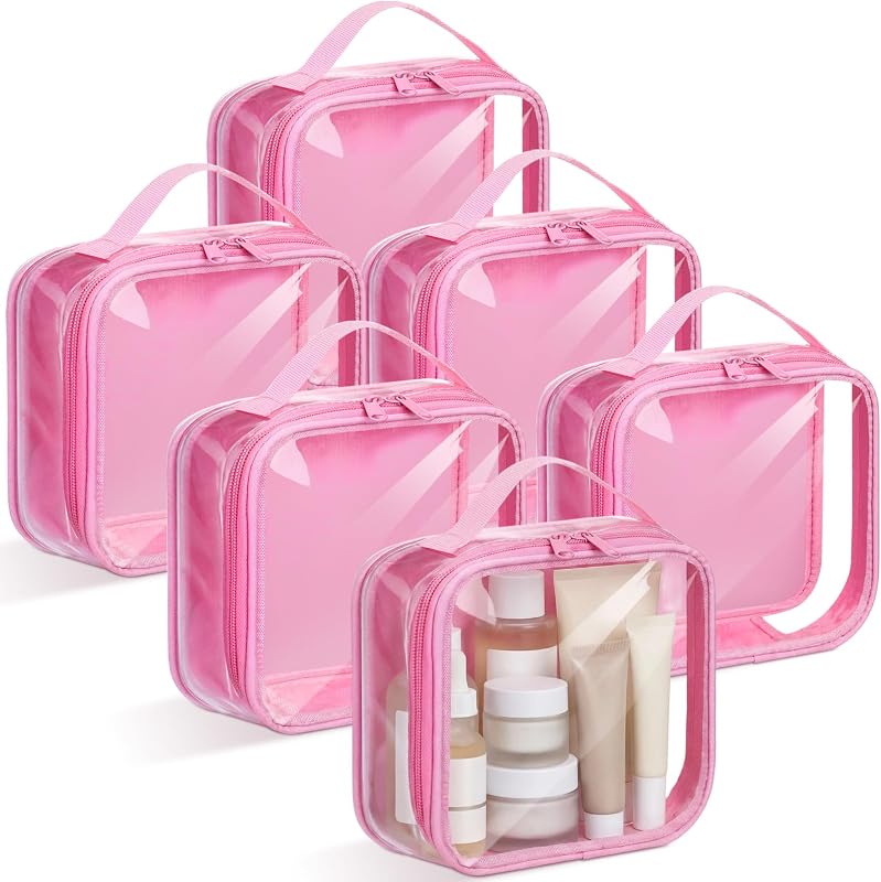 Abbylike Necessaires transparentes de viagem com zíper e alça, cor Pink, Pacote com 6
