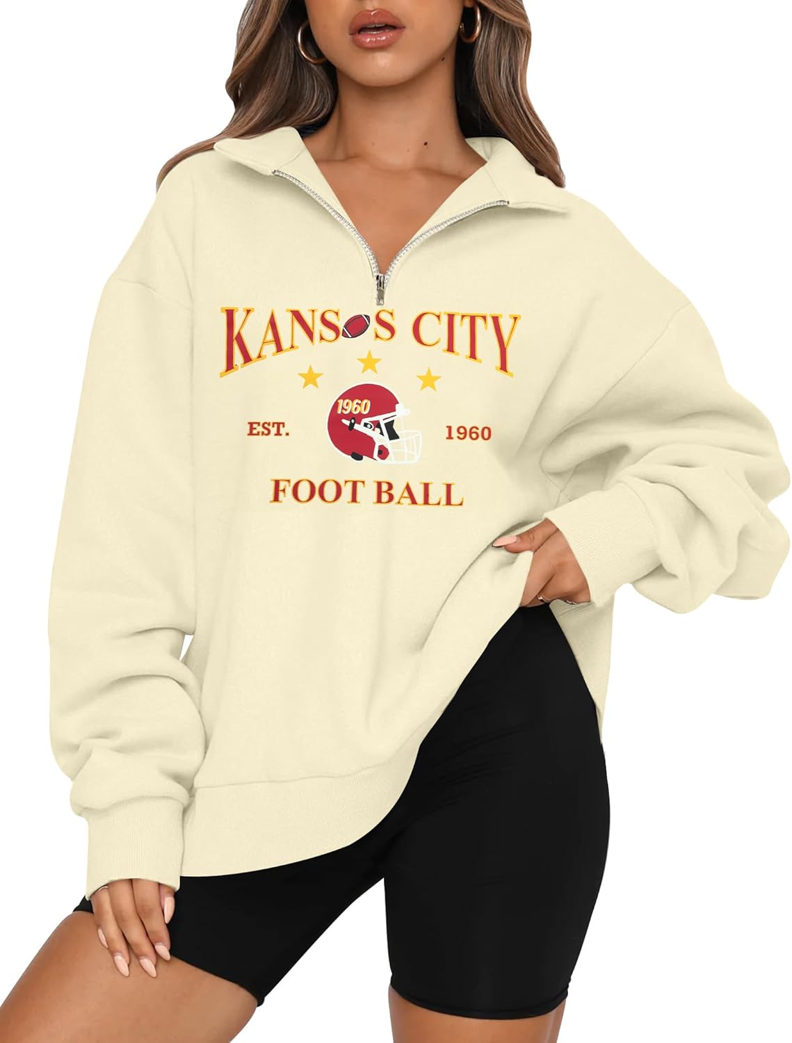 KIDDAD Football Sweatshirt for Women Game Day Graphic 1/4 Zip Shirts Football Team Fans Long Sleeve Pullover Tops