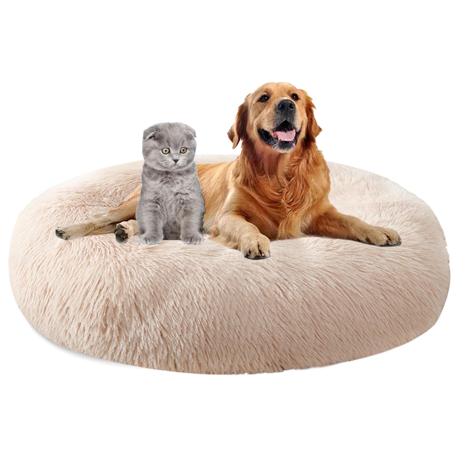 MAIFENGL Calming Dog Bed Plush Donut Pet Bed, Fluffy Washable Non-Slip Plush Cuddler Warming Round Dog Cat Bed-Light Brown|| Ø100cm/39in