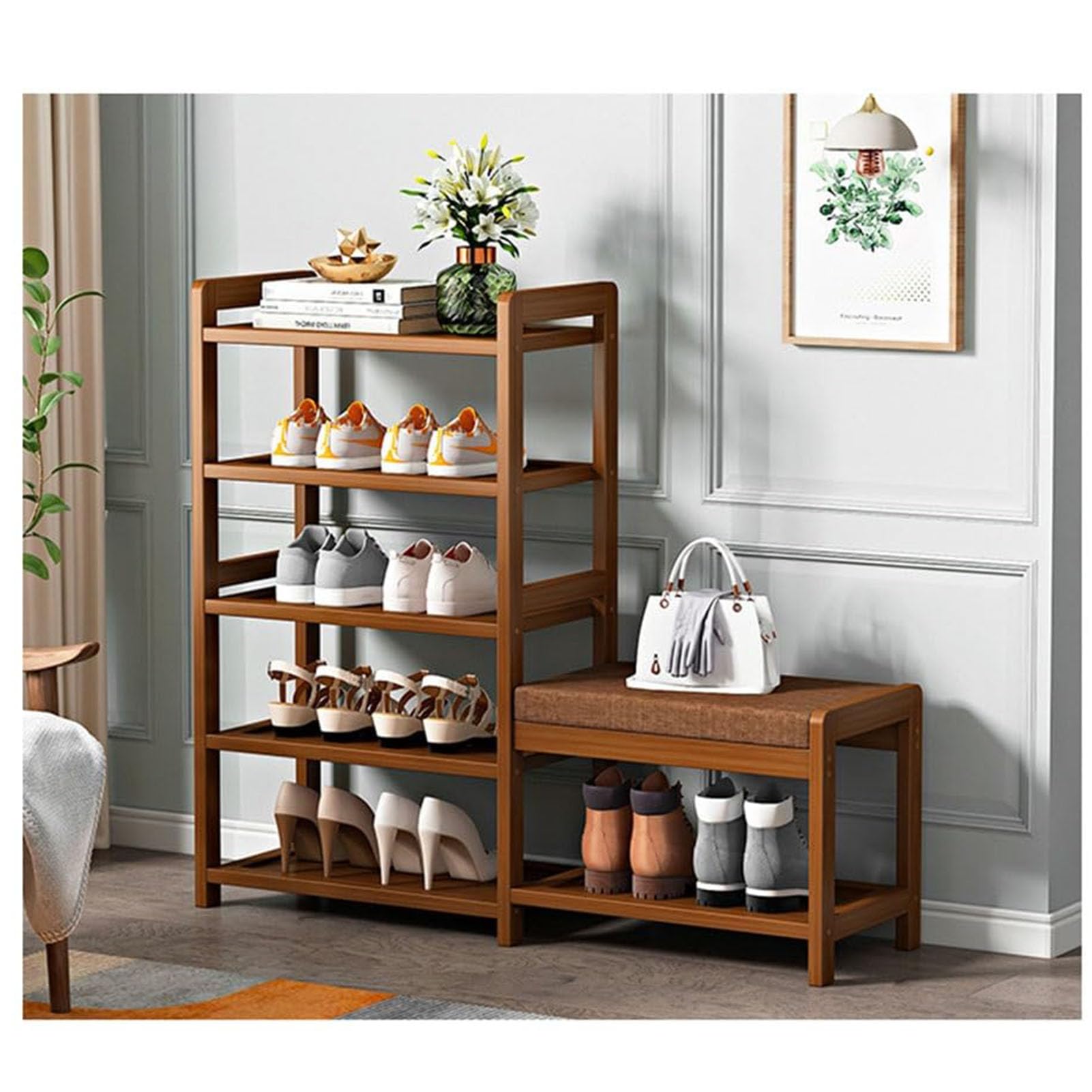 MYUYEE 4-6Tier Shoe Rack Bench With Seat Entryway Shoe Storage Orga Wooden Shoe Shelf Space-Saving Easy To Assemble For Hallway Doorway Bedroom(85X25X84Cm)