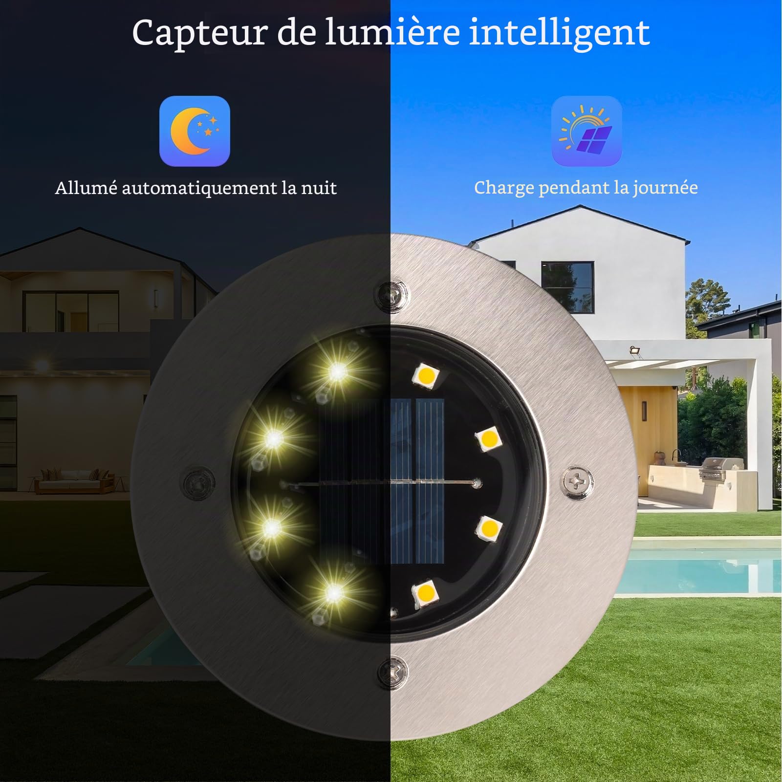 TOSHIN Lumière Solaire Extérieur, 8 Pièces Lampe Solaire Au Sol Jardin, 8 LED Etanche IP65 Spot Solaire Extérieur Encastrables Éclairage pour Chemins Pelouse Terrasse Cour Piscine, Blanc Chaud