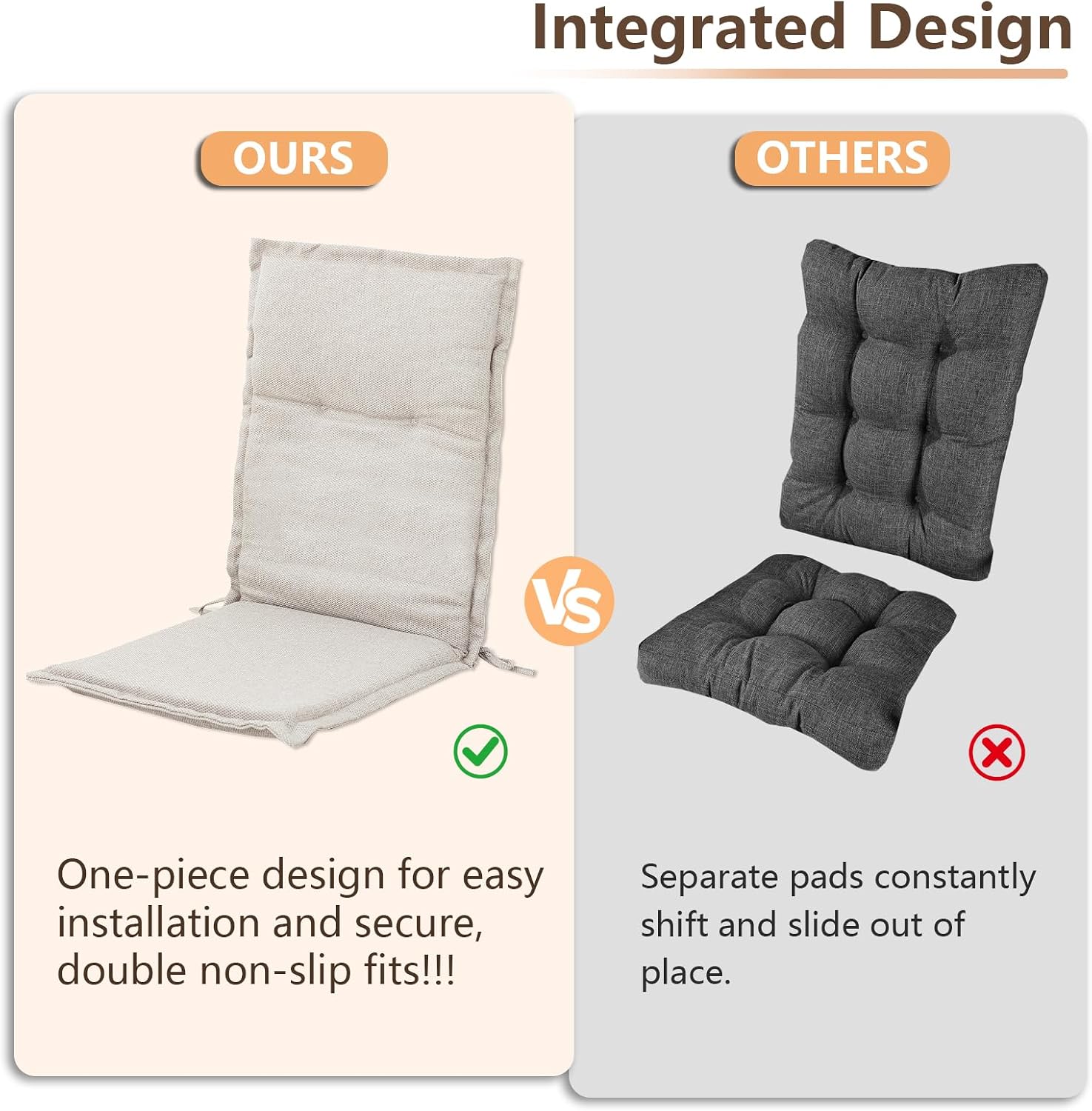 C-Hopetree Indoor High Back Rocking Chair Cushions for Glider and Swivel Rocker, Outdoor Replacement Highback Dining Seat Pads with Back Elastic and Ties, 18" x 42" x 1.5", Beige, Set of 1