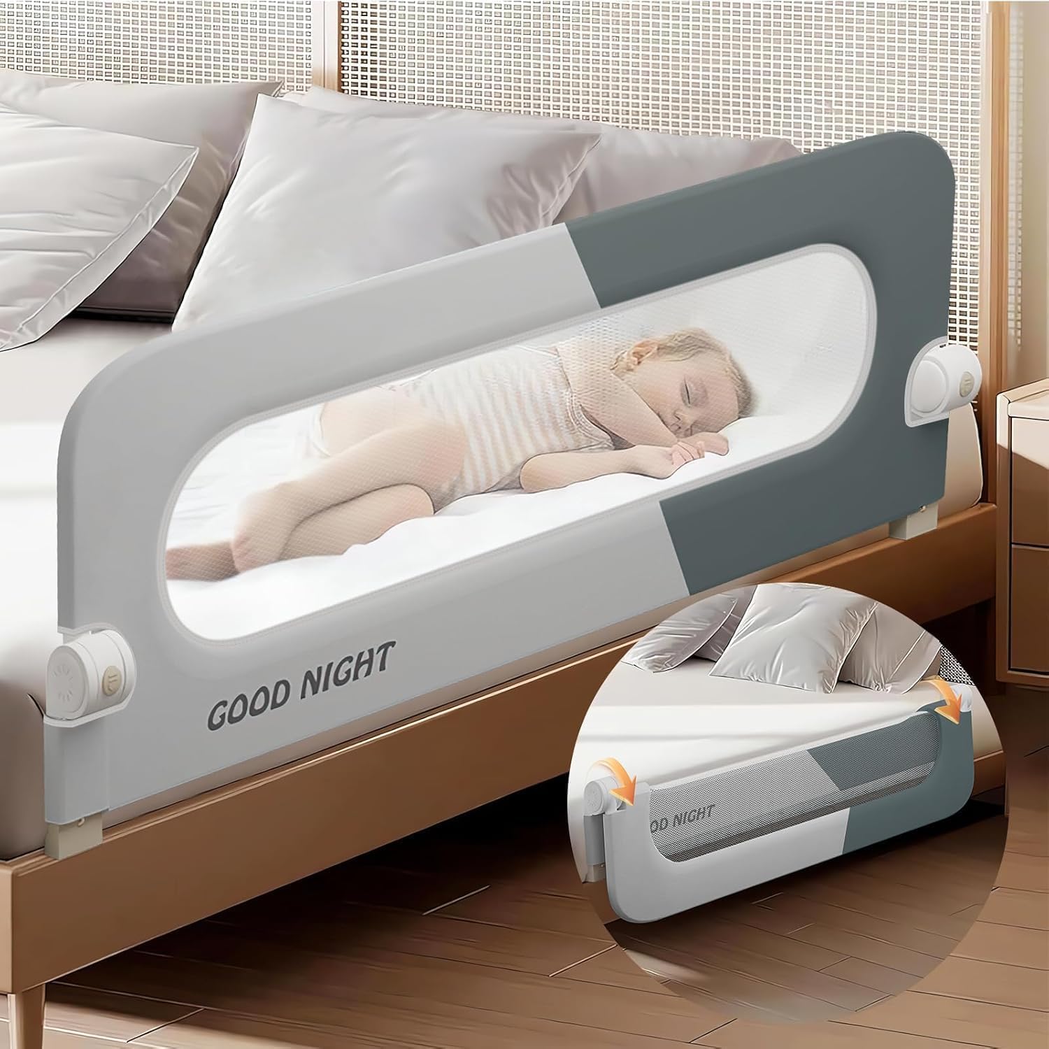 Crib Toddler Bed Rails, Toddler Foldable Bed Rails, Portable Crib Guard Bumper, Adjustable Height and Swing Down Safety Side Rail Guard Rails(2m)-Grey