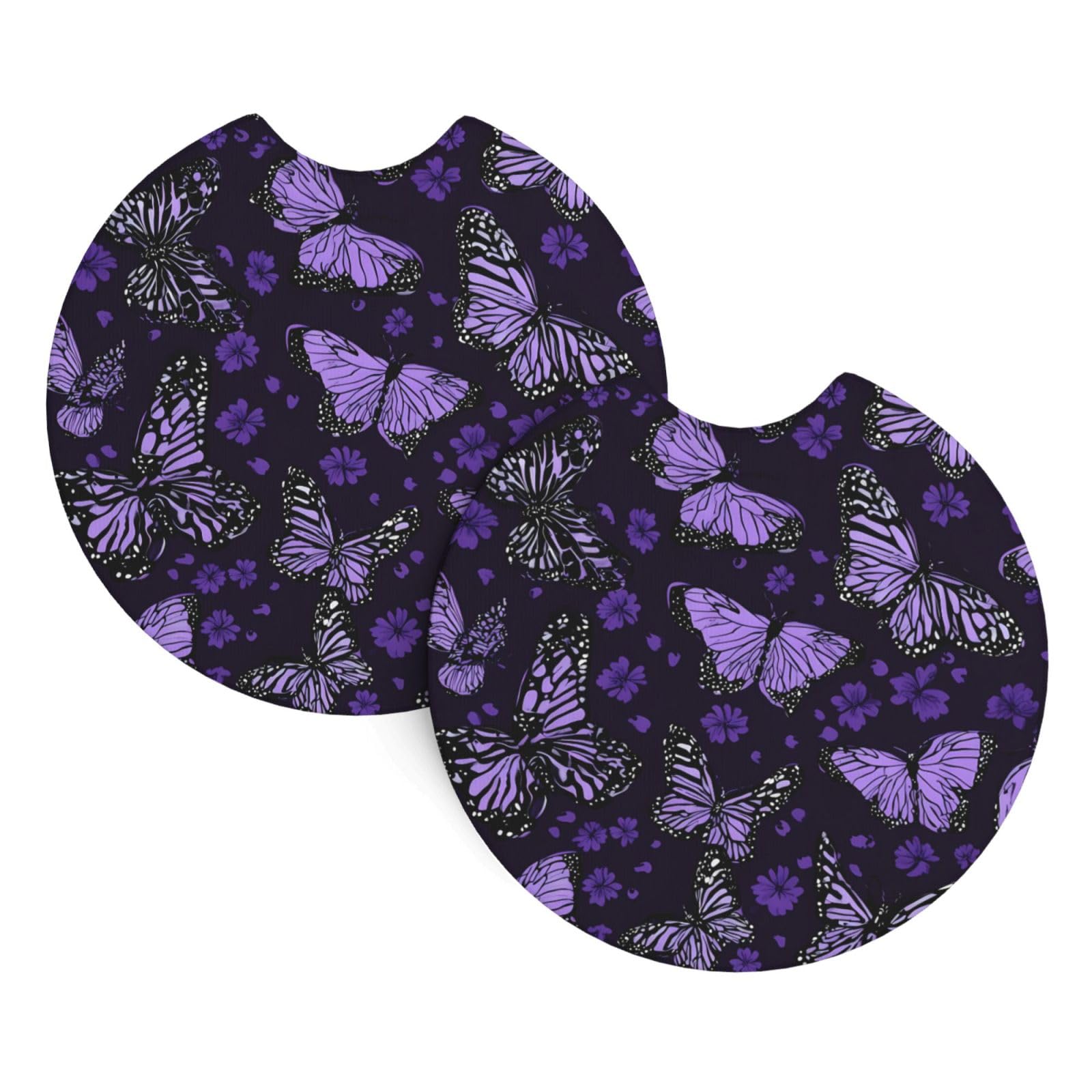 Purple and Black Butterfly Printed Two Sets of Anti Slip and Waterproof Beverage mats for General Purpose car Coasters