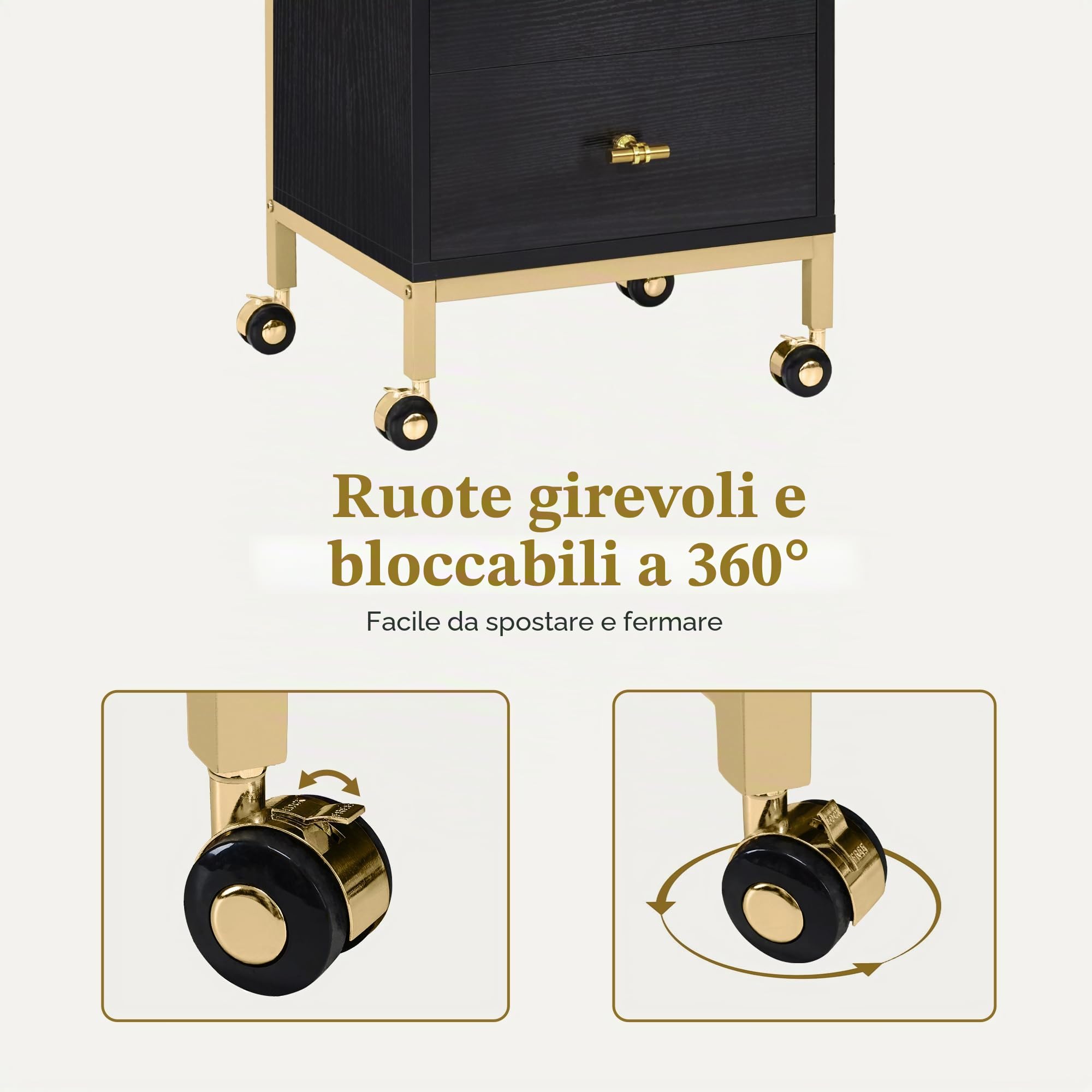 Barberpub Carrello per parrucchieri con ruote e 2 cassetti, carrello di servizio, carrello da salone con 2 ripiani e porta asciugacapelli, carrello da lavoro moderno, 32x37x87cm, 0029 (Nero-oro)