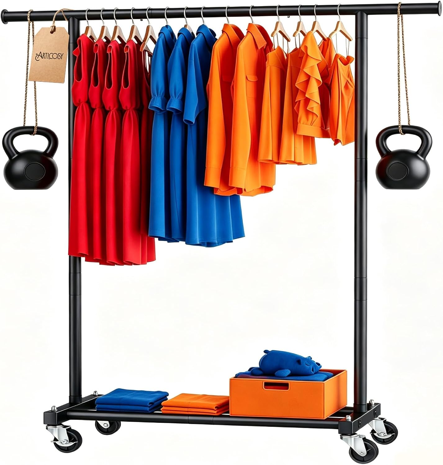 Clothes Rack, Heavy Duty Rolling Garment Rack, Commercial Grade Metal clothing Rack with Lockable Wheels, Portable Clothing Organizer for Bedroom, Boutique, Retail Store & Laundry Room