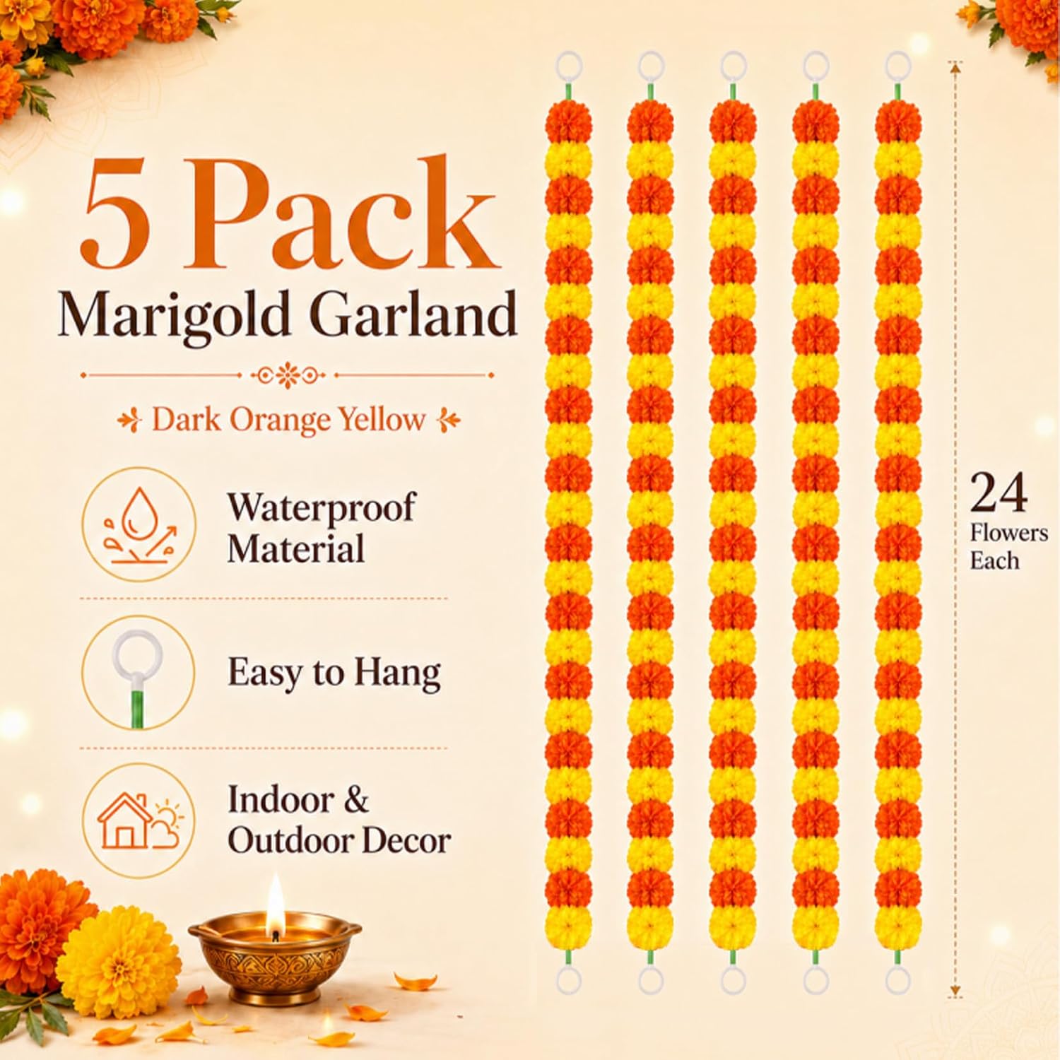 RAINFLOW Artificial Marigold Garland - Deep Yellow Orange Garlands Decor