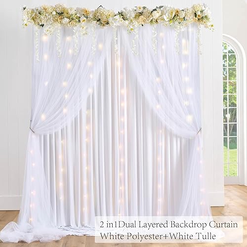 Miniatura 2 de Cortina de telón de fondo de tul blanco de 10 x 10 pies con cuerda de luz para bodas, fiestas, doble capa, sin arrugas, foto, telón de fondo de tul