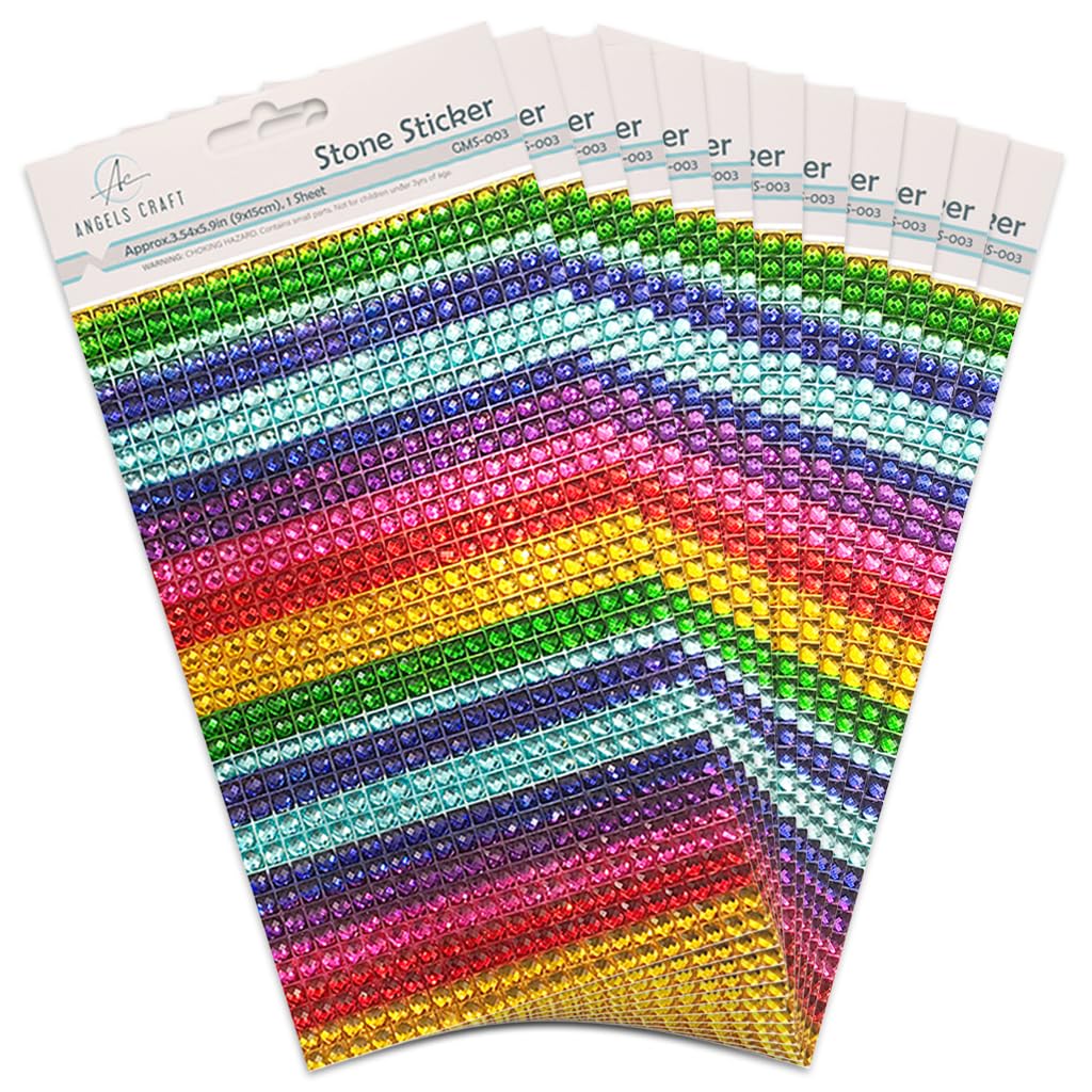 Angels Craft Pack of 12 Rainbow Rhinestone Sticker Sheets - Adhesive Gemstone Strips for Crafting, Scrapbooking, DIY Projects, and Decorations