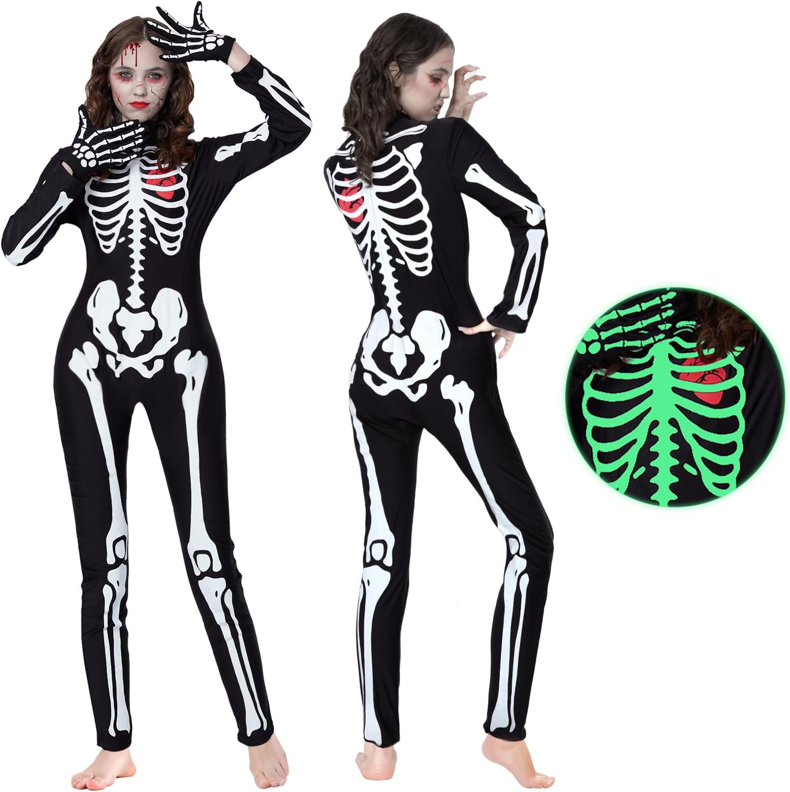 PARTTELY Women Onesie Skeleton Costume Halloween, Bodysuit Glow in the Dark with Gloves, for Halloween Cosplay Parties