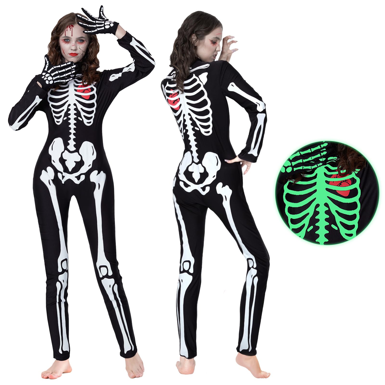 PARTTELY Women Onesie Skeleton Costume Halloween, Bodysuit Glow in the Dark with Gloves, for Halloween Cosplay Parties