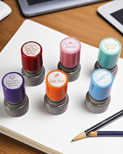 Miniatura 2 de Sellos redondos para profesores para aulas de calificación, juego de 6 sellos autoentintados de goma de color para profesores de tareas, suministros