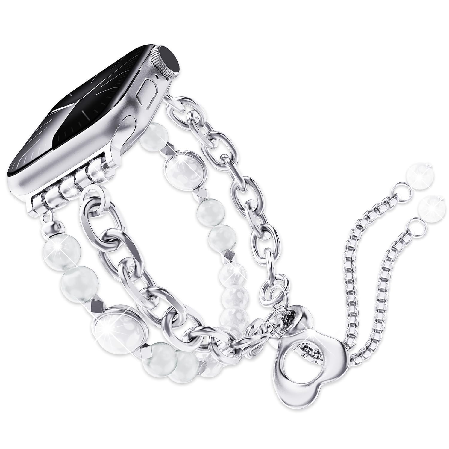 Pearl Bracelet Apple Watch Band, with Bling Jewelry and Metal Chain (38mm/40mm/41mm, Heart Chain)