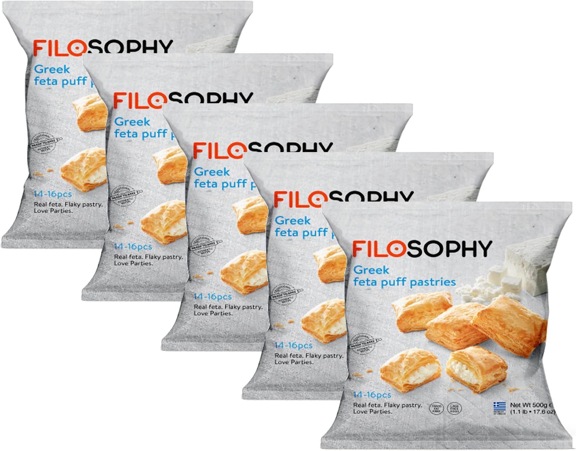 Filosophy Filo Vegan Pie, Traditional Greek Origin Frozen, 10 Flavours Available, Freshest Ingredients Ready to Bake and Eat (Greek FETA Puff Pastries 500g, 5 Pack)