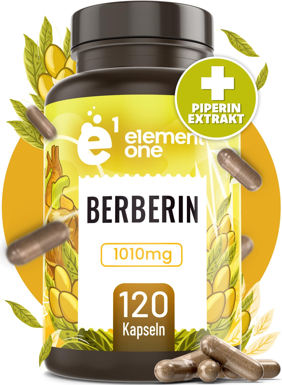 Element One Berberine HCL 500mg + 5mg Piperin, 120 Kapseln Berberin Extrakt - Optimale Bioverfügbarkeit - Berberin-Komplex