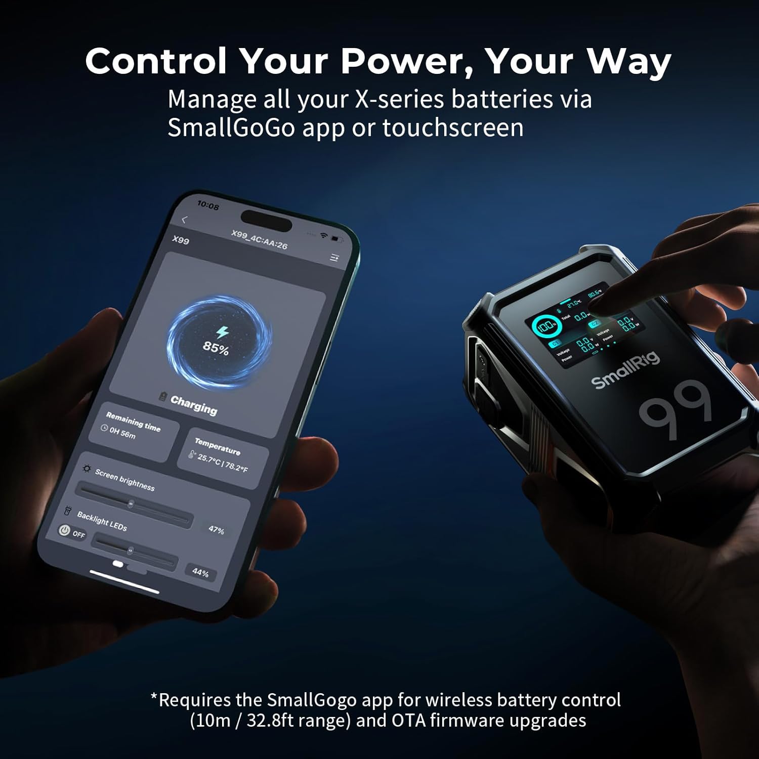 SMALLRIG V Mount Battery X99 controlled by SmallGoGo app