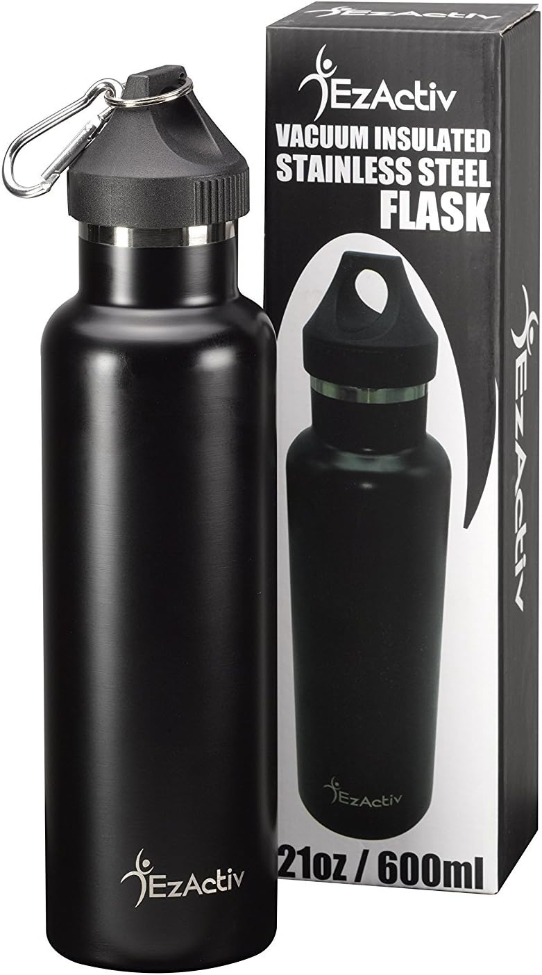 EzActiv Vacuum Insulated Water Bottle 21 oz – Black Double Walled Stainless Steel Tumbler Keeps Drinks Cold for 24 Hours, Hot for 12 Hours – Sports, Gym, Hiking and Travel Hydro- Bottles